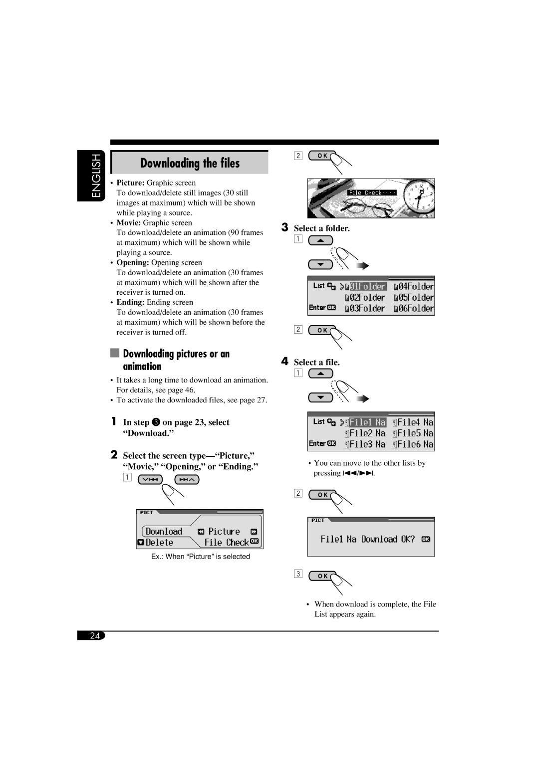 JVC KD-AR860, KD-LH810 manual Downloading the ﬁles, Downloading pictures or an animation 