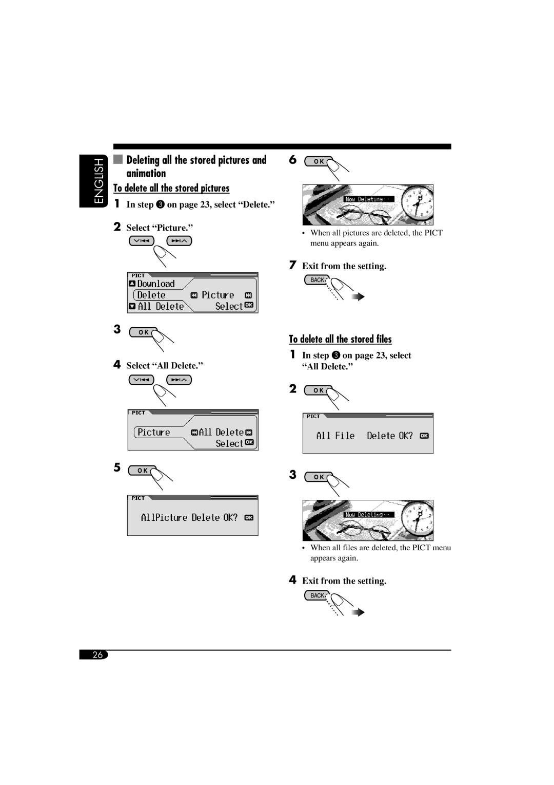 JVC KD-AR860, KD-LH810 manual Deleting all the stored pictures and animation, To delete all the stored pictures 