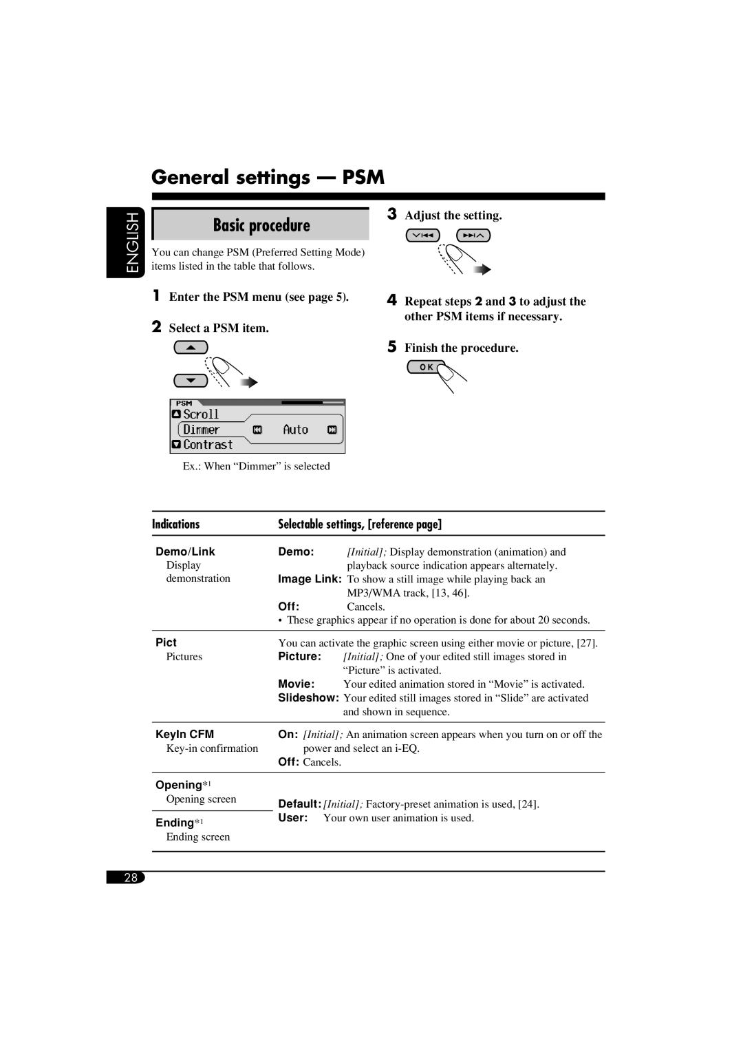 JVC KD-AR860 manual General settings PSM, Basic procedure, Adjust the setting, Indications Selectable settings, reference 