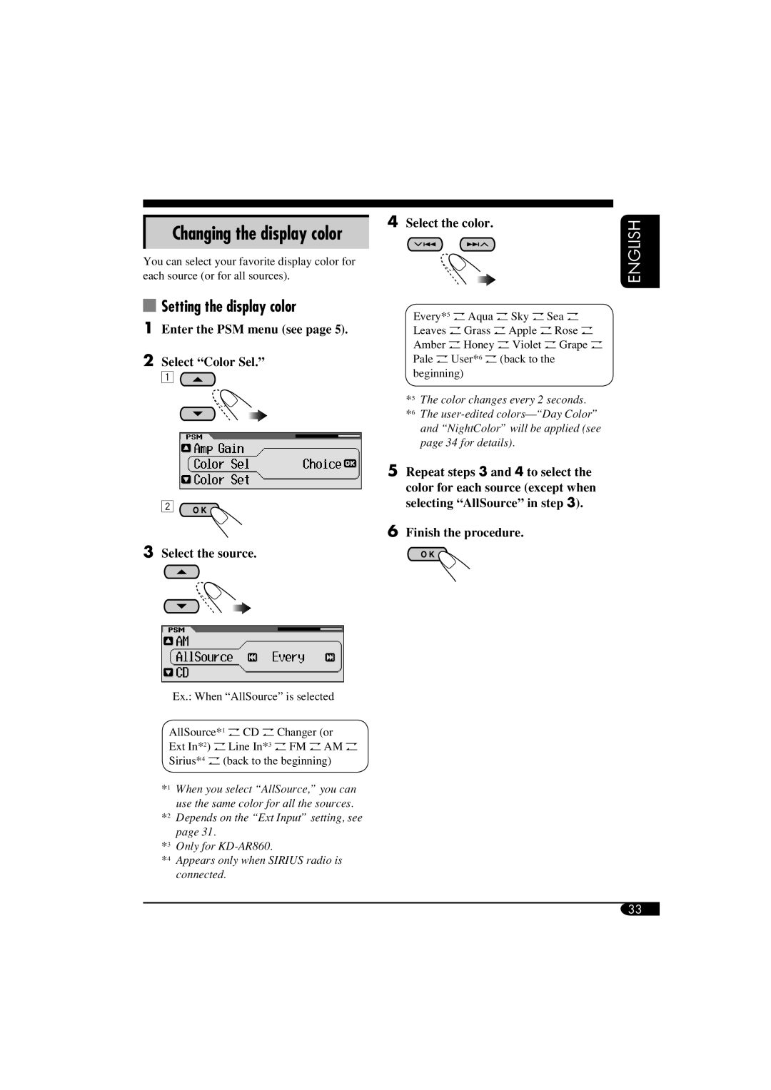 JVC KD-LH810 manual Setting the display color, Enter the PSM menu see Select Color Sel Select the source, Select the color 