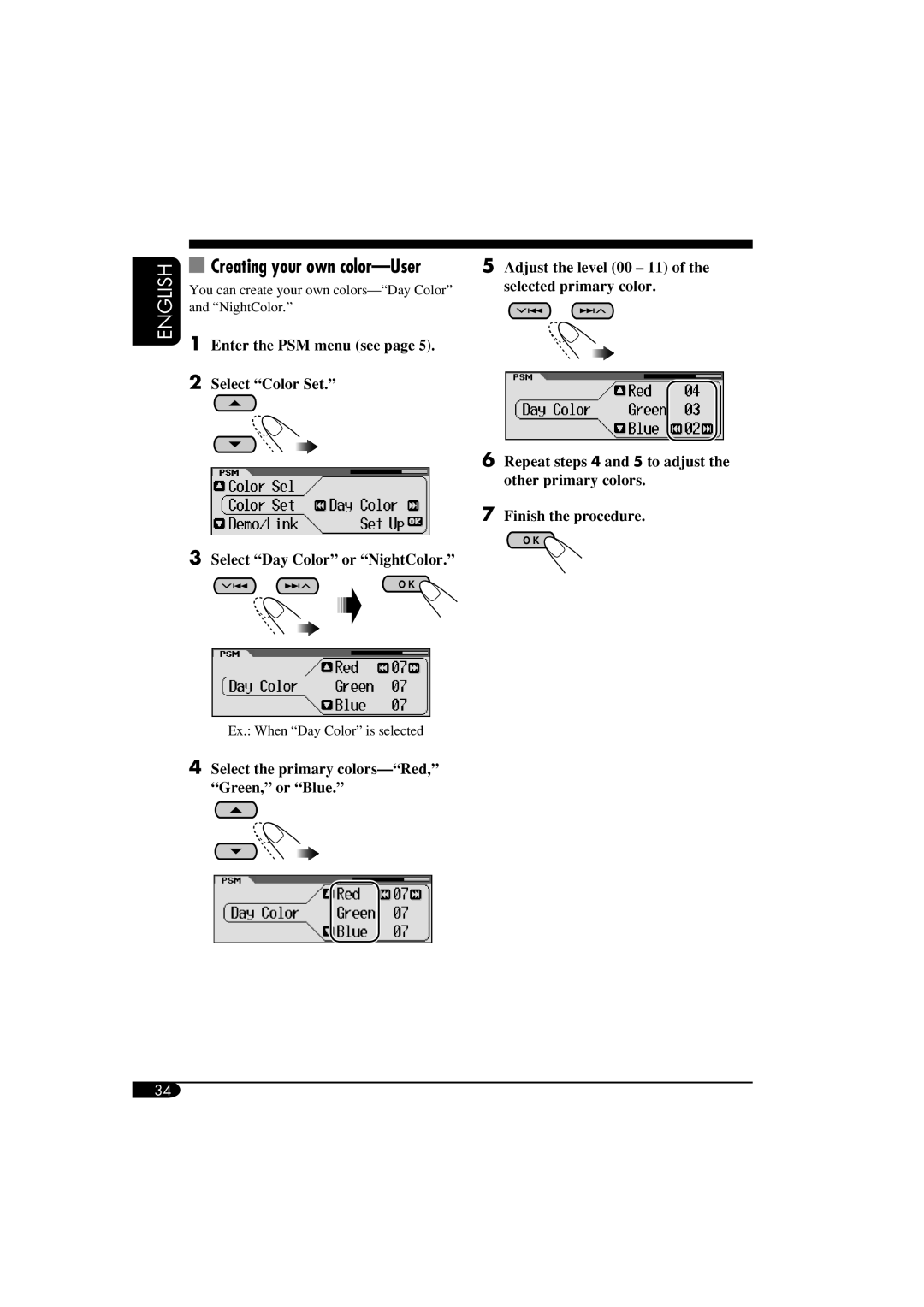 JVC KD-AR860, KD-LH810 manual Creating your own color-User, Select the primary colors-Red, Green, or Blue 