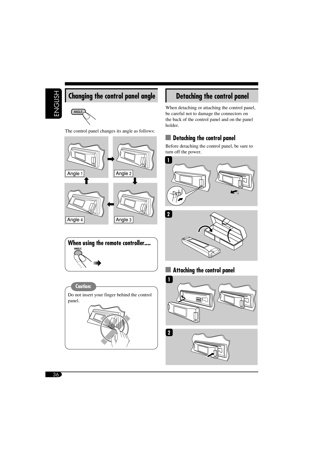 JVC KD-AR860, KD-LH810 manual Detaching the control panel, Attaching the control panel, Changing the control panel angle 