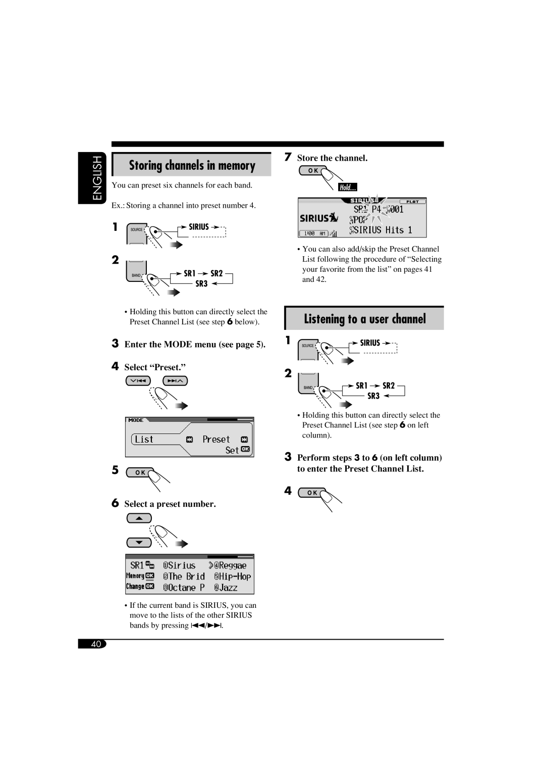 JVC KD-AR860, KD-LH810 manual Store the channel, Enter the Mode menu see Select Preset Select a preset number 