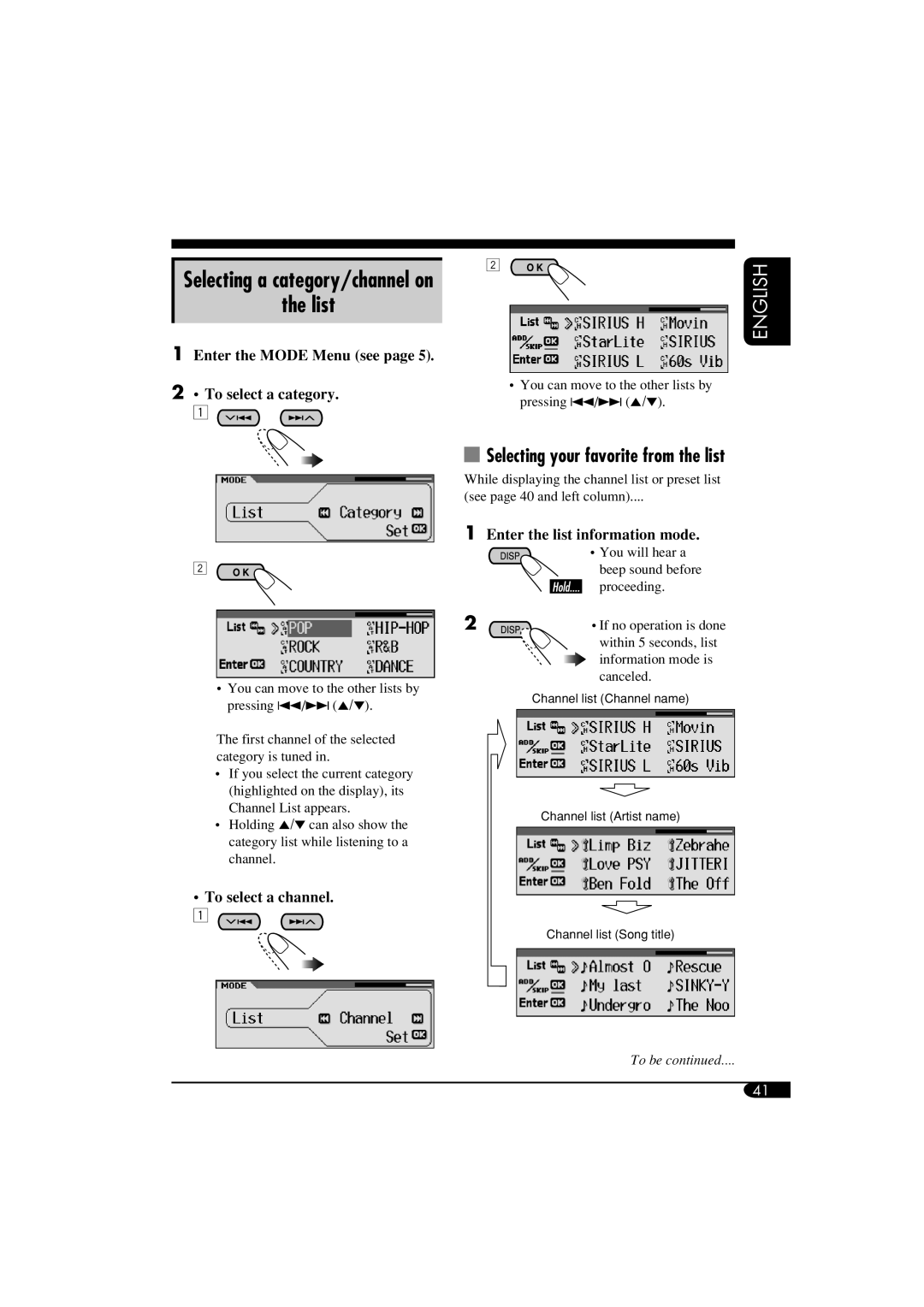 JVC KD-LH810, KD-AR860 manual List, Selecting a category/channel on, Selecting your favorite from the list 