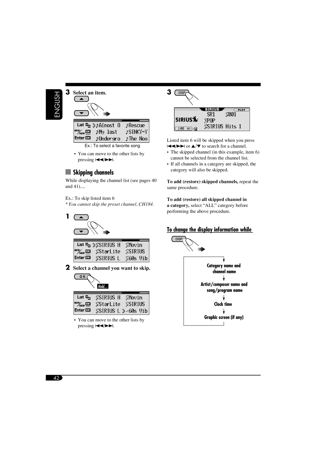 JVC KD-AR860 Skipping channels, Select an item, Select a channel you want to skip, To change the display information while 