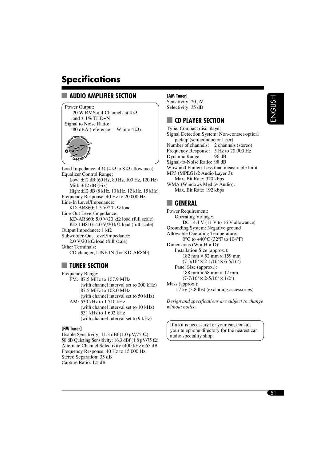 JVC KD-LH810, KD-AR860 manual Specifications, Audio Amplifier Section 