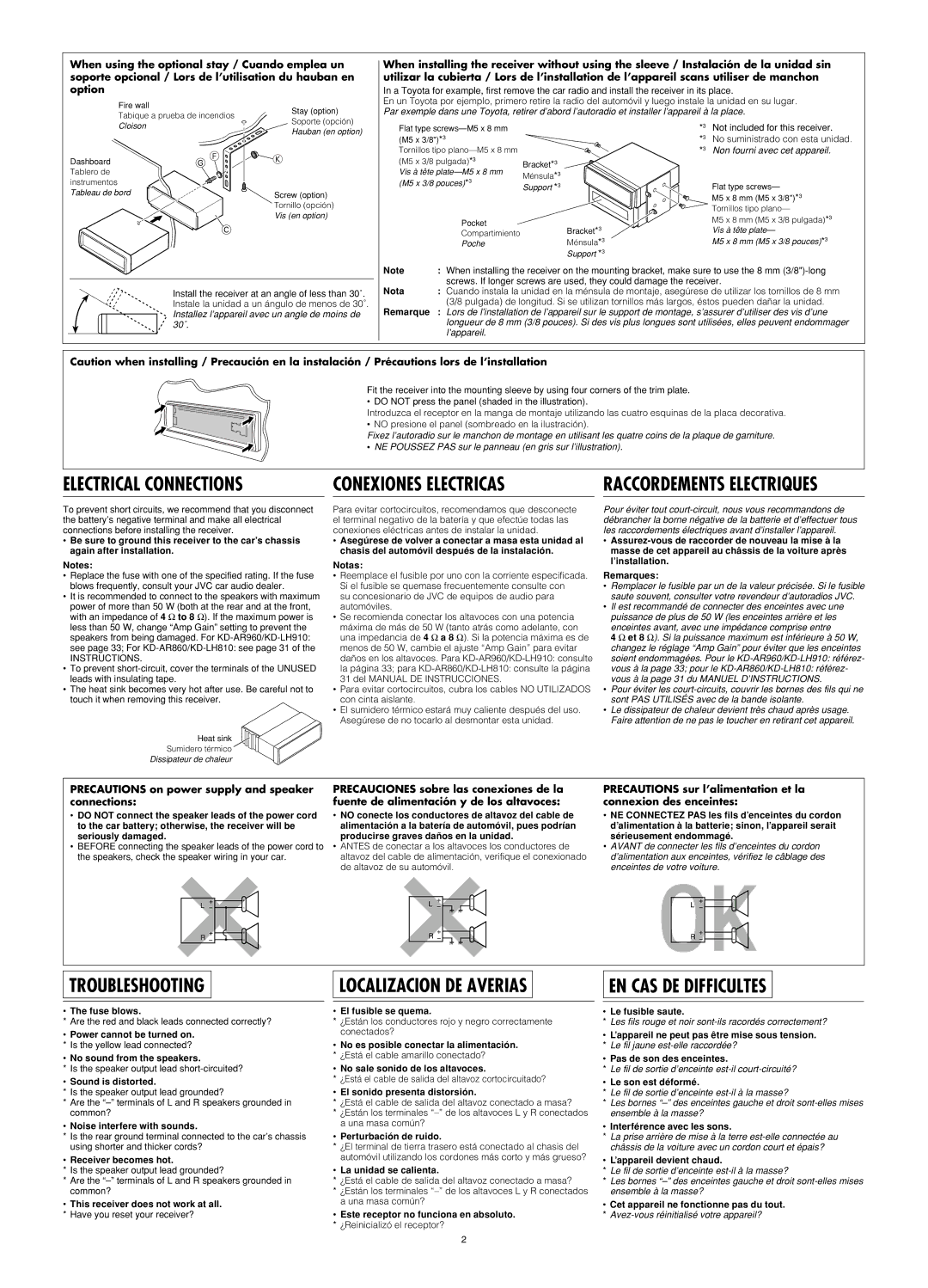 JVC KD-AR860, KD-LH810 manual Precautions on power supply and speaker connections 