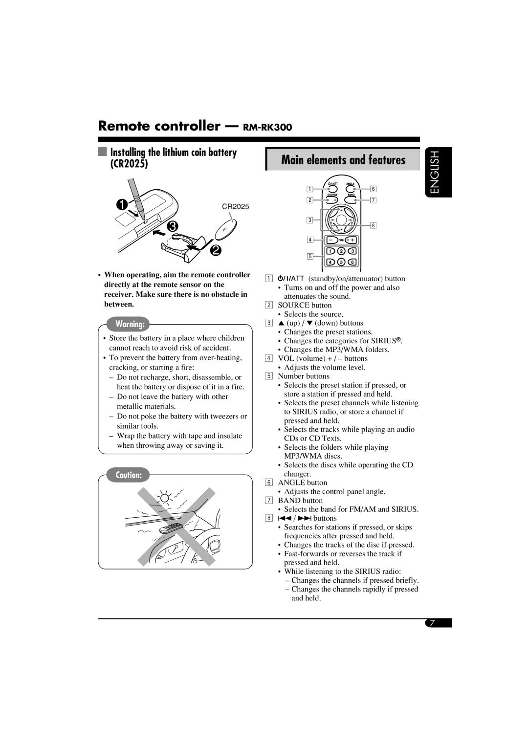 JVC KD-LH810, KD-AR860 Remote controller RM-RK300, Installing the lithium coin battery, CR2025, Main elements and features 