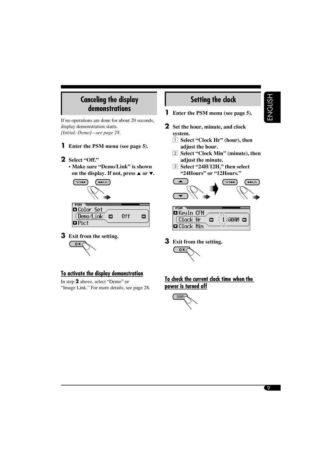 JVC KD-LH810, KD-AR860 manual Canceling the display Demonstrations, Setting the clock, To activate the display demonstration 