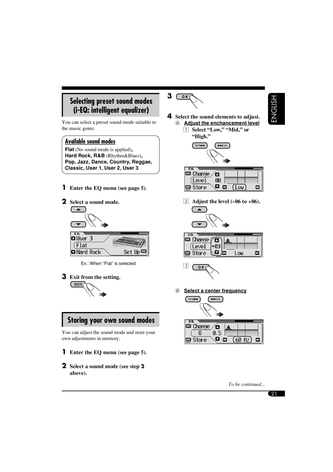 JVC KD-LH810, KD-AR860 manual Storing your own sound modes, Available sound modes, English, 3Exit from the setting 