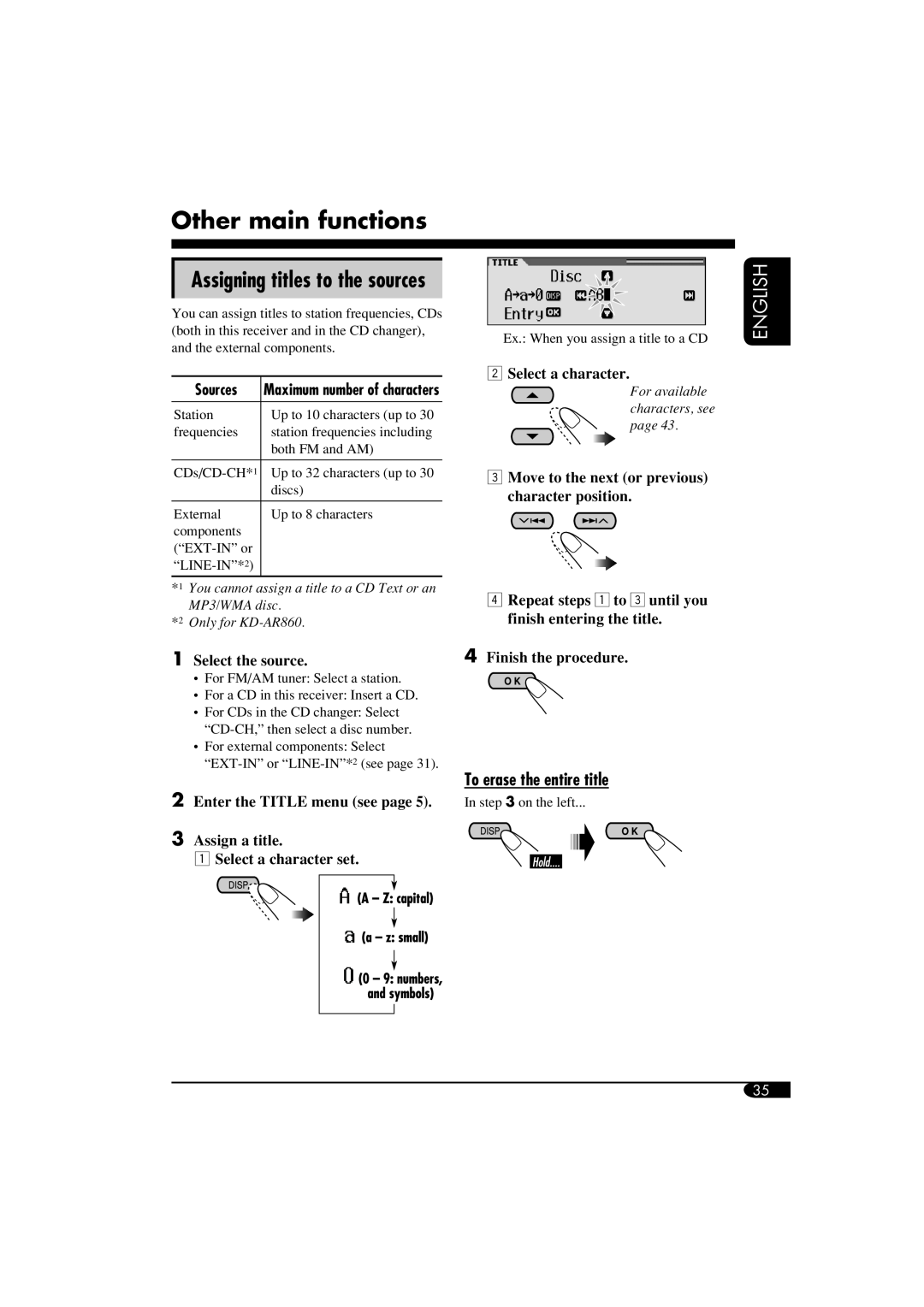 JVC KD-LH810 Other main functions, Assigning titles to the sources, To erase the entire title, English, 1Select the source 