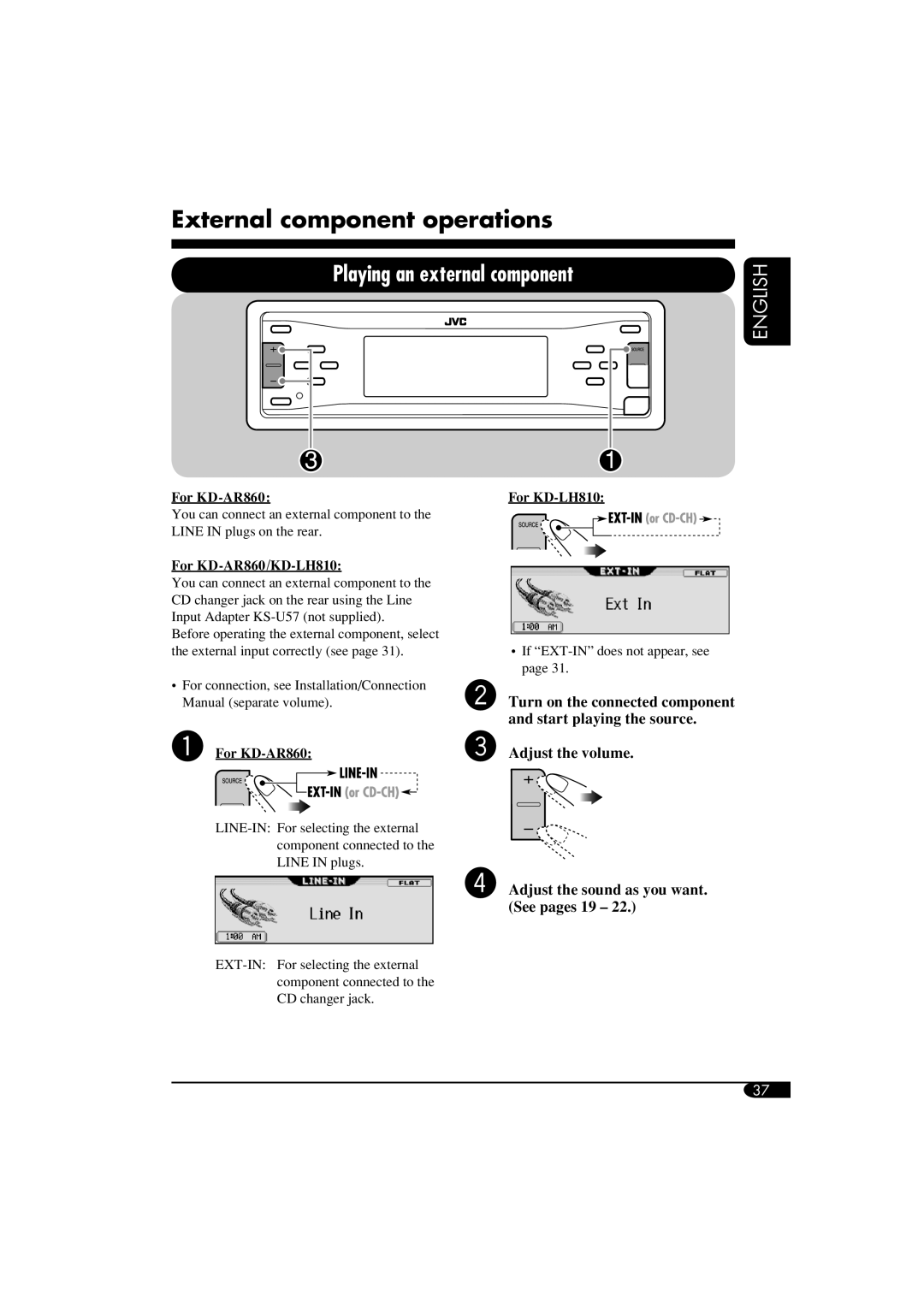 JVC KD-LH810 manual External component operations, Playing an external component, English, Adjust the volume, For KD-AR860 