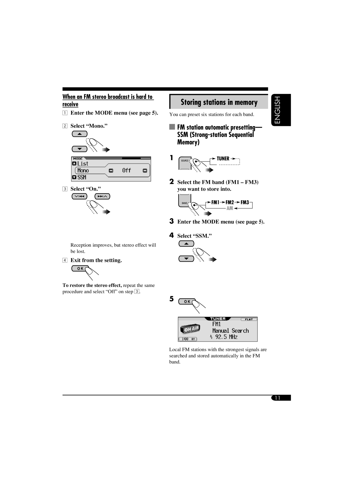 JVC KD-LH910, KD-AR960 manual When an FM stereo broadcast is hard to receive, Storing stations in memory 