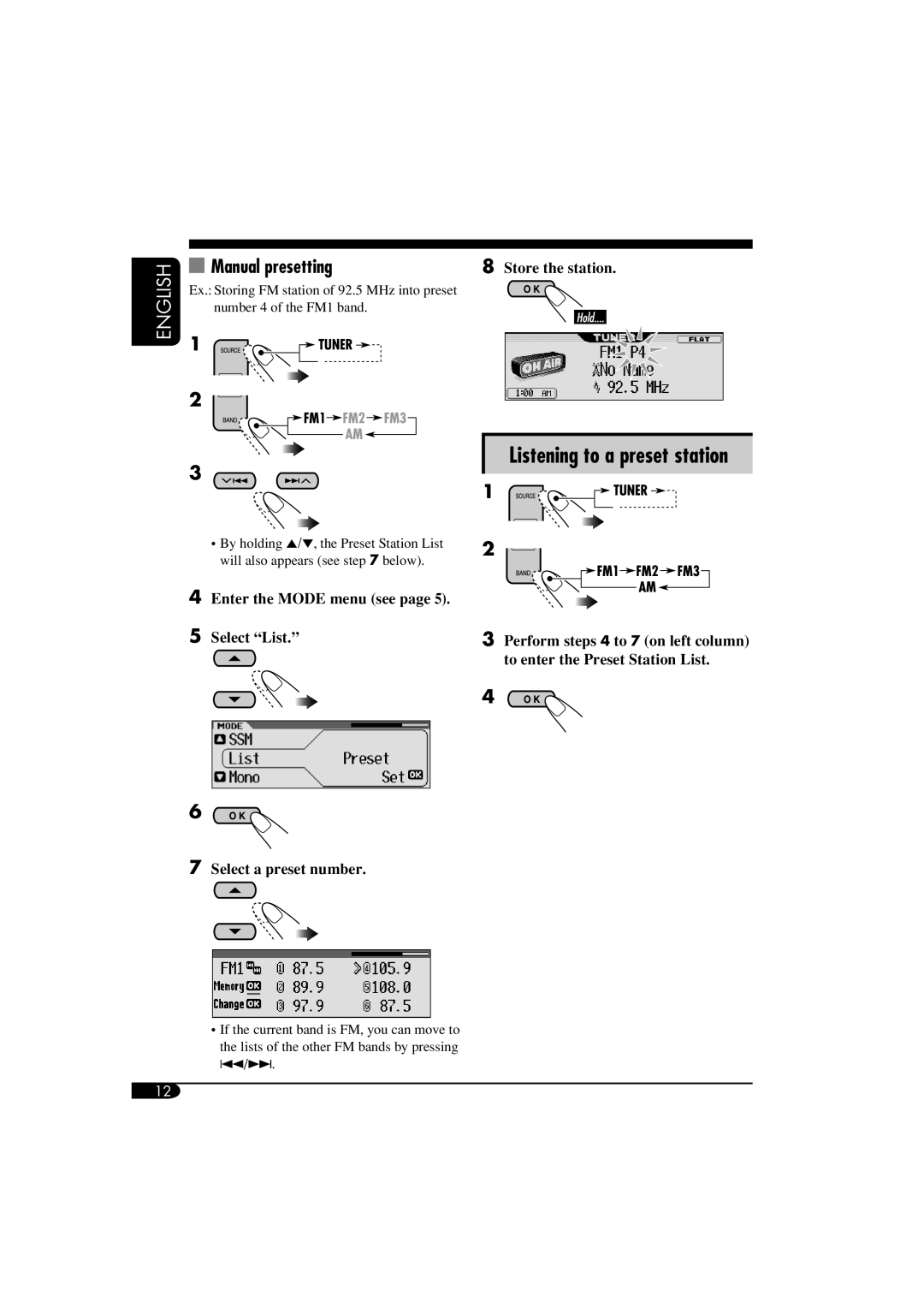 JVC KD-AR960, KD-LH910 manual Listening to a preset station, Manual presetting 