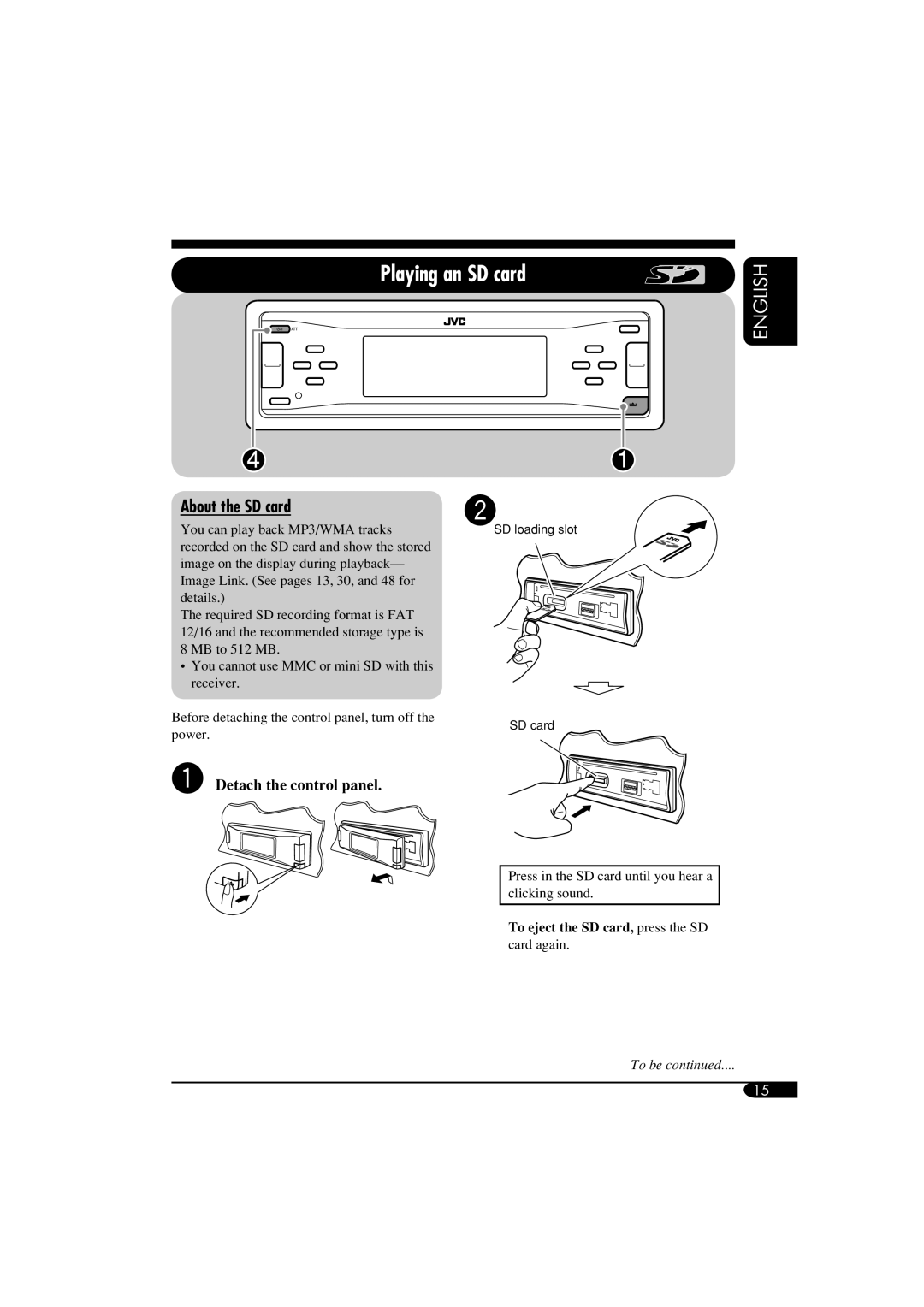 JVC KD-LH910, KD-AR960 manual Playing an SD card, About the SD card, ~ Detach the control panel 