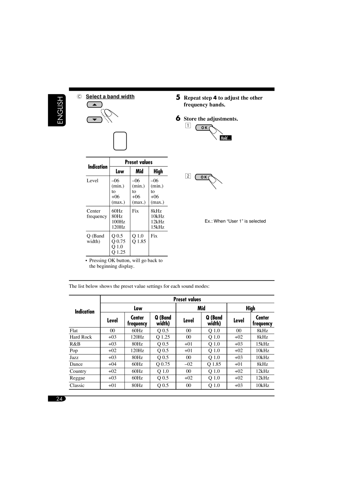 JVC KD-AR960, KD-LH910 manual Preset values, Low Mid High, Level, Select a band width 