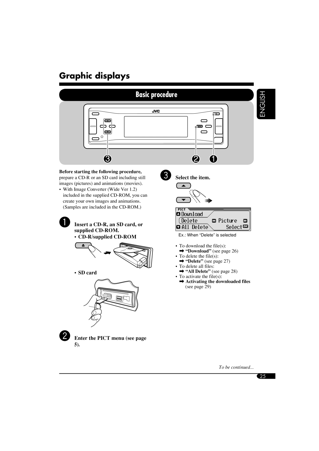 JVC KD-LH910, KD-AR960 manual Graphic displays, Basic procedure, Select the item, Enter the Pict menu see 