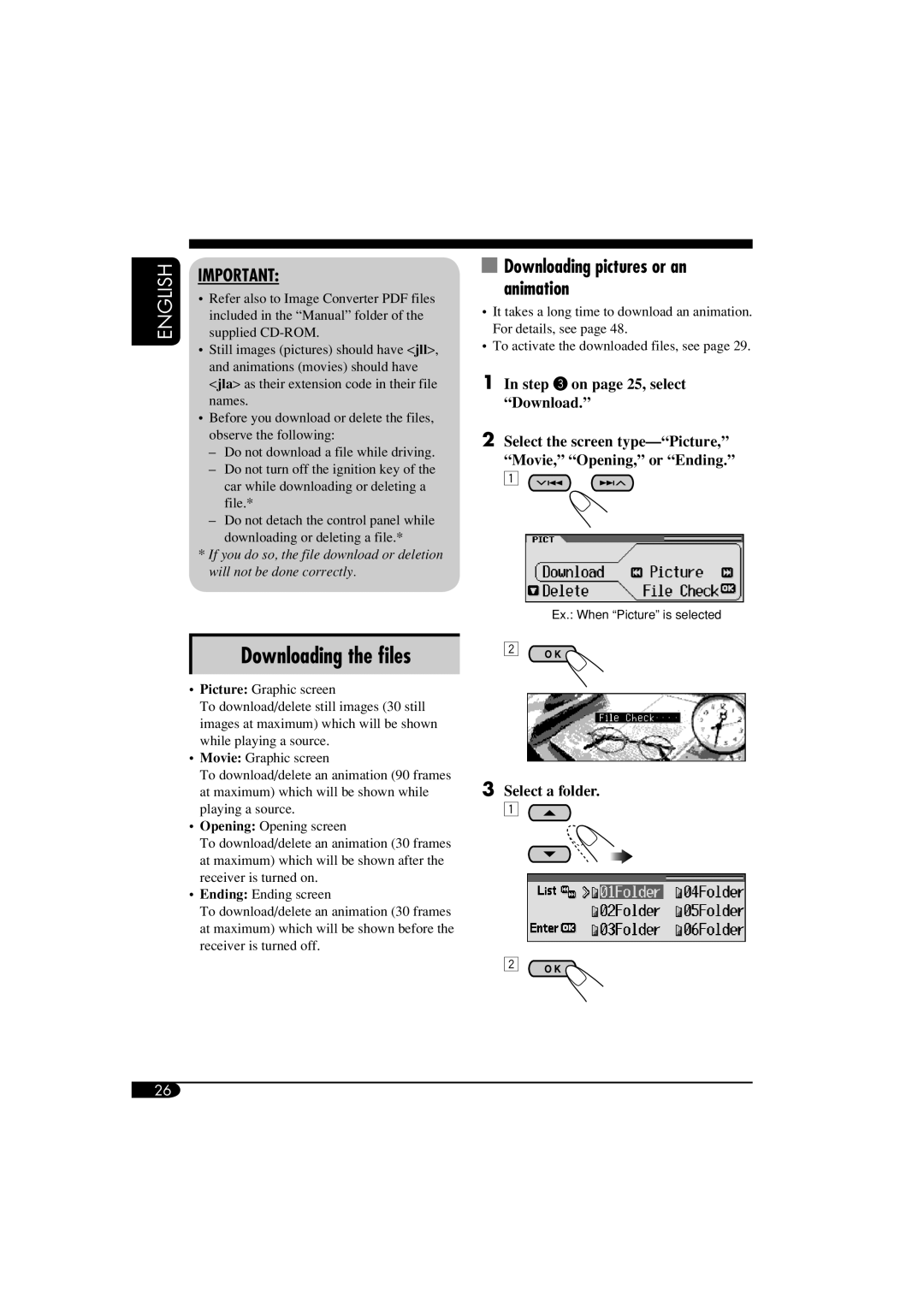 JVC KD-AR960, KD-LH910 manual Downloading pictures or an animation, Select a folder 