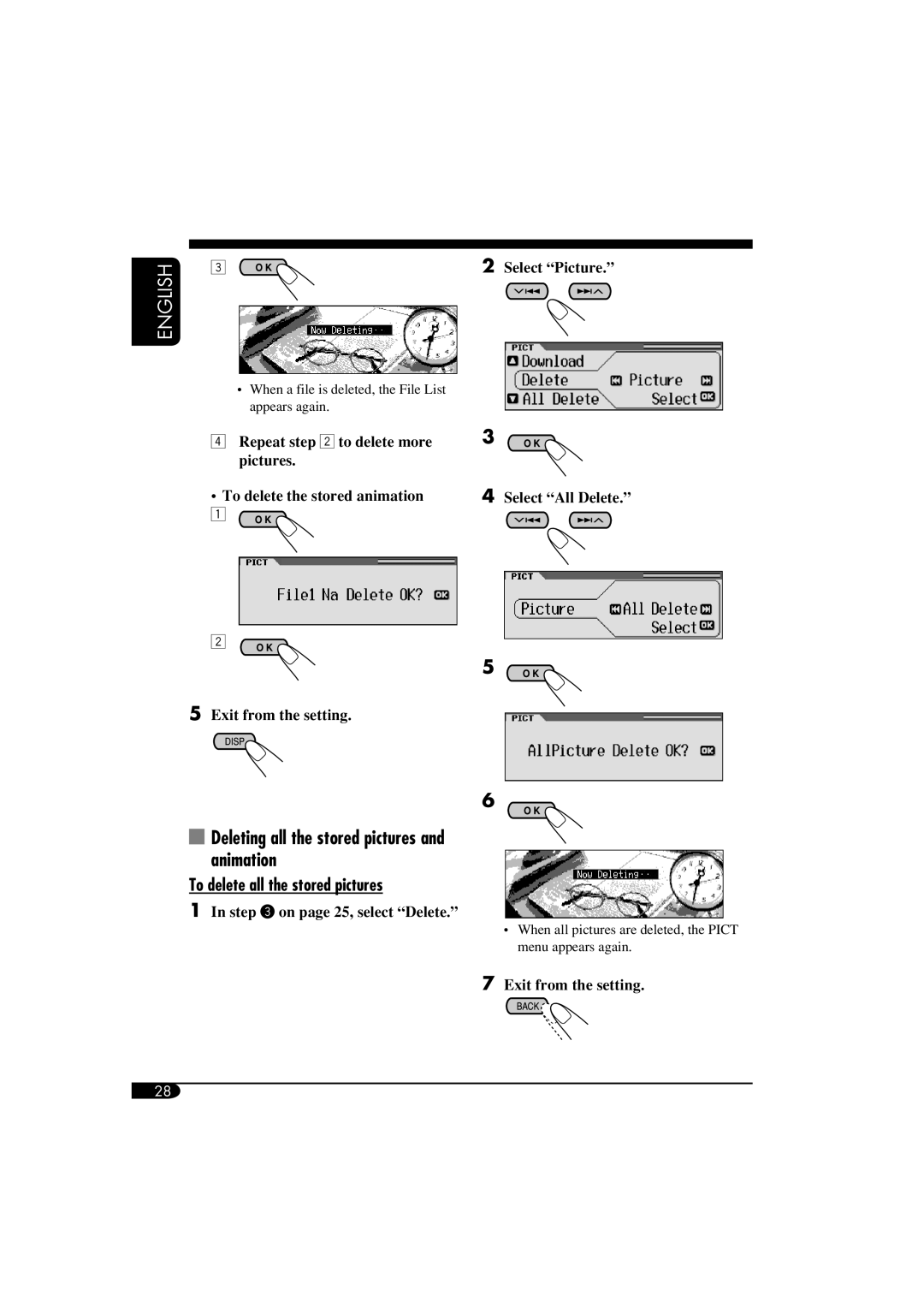 JVC KD-AR960, KD-LH910 manual Deleting all the stored pictures and animation, To delete all the stored pictures 