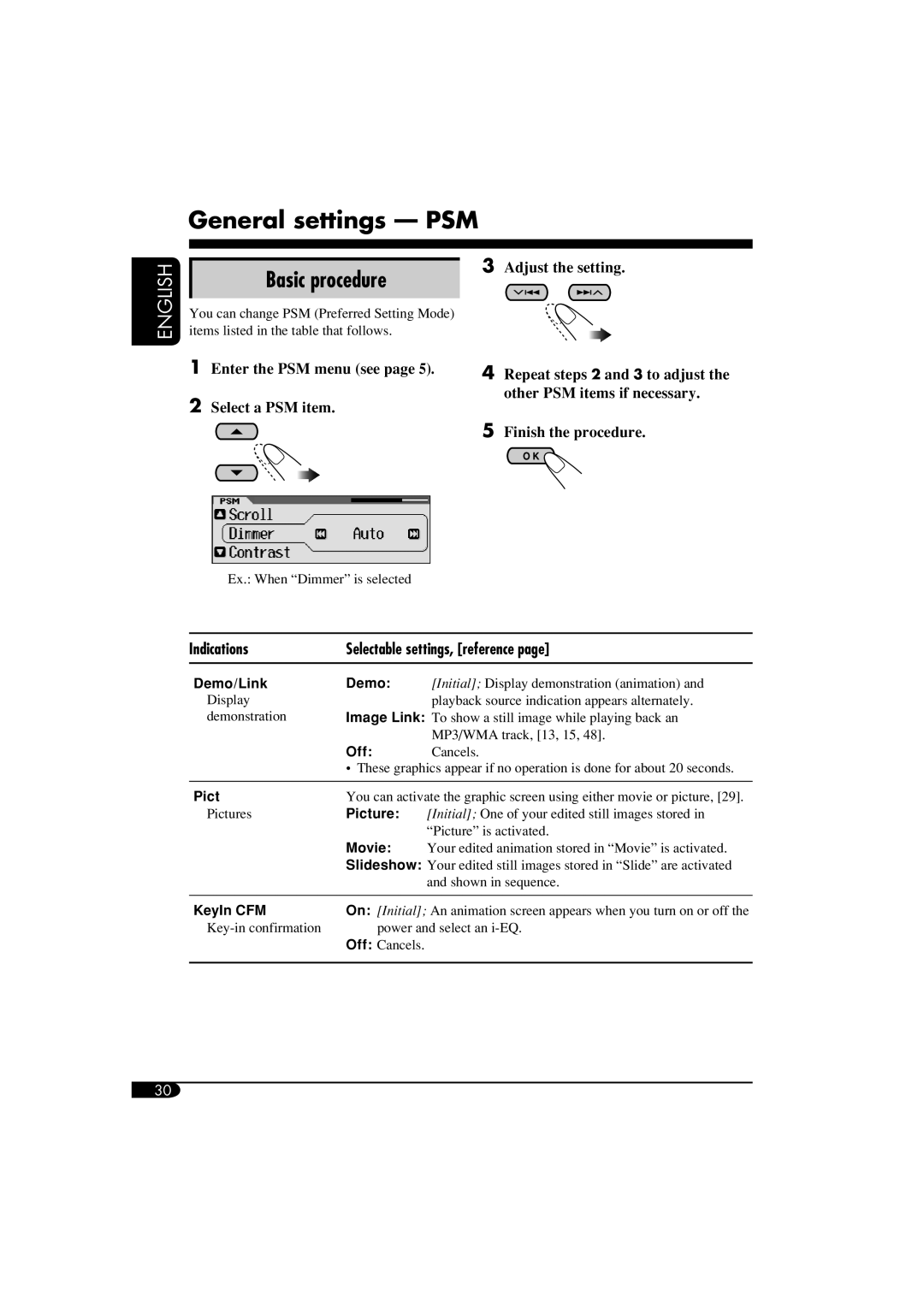 JVC KD-AR960 manual General settings PSM, Basic procedure, Adjust the setting, Indications Selectable settings, reference 