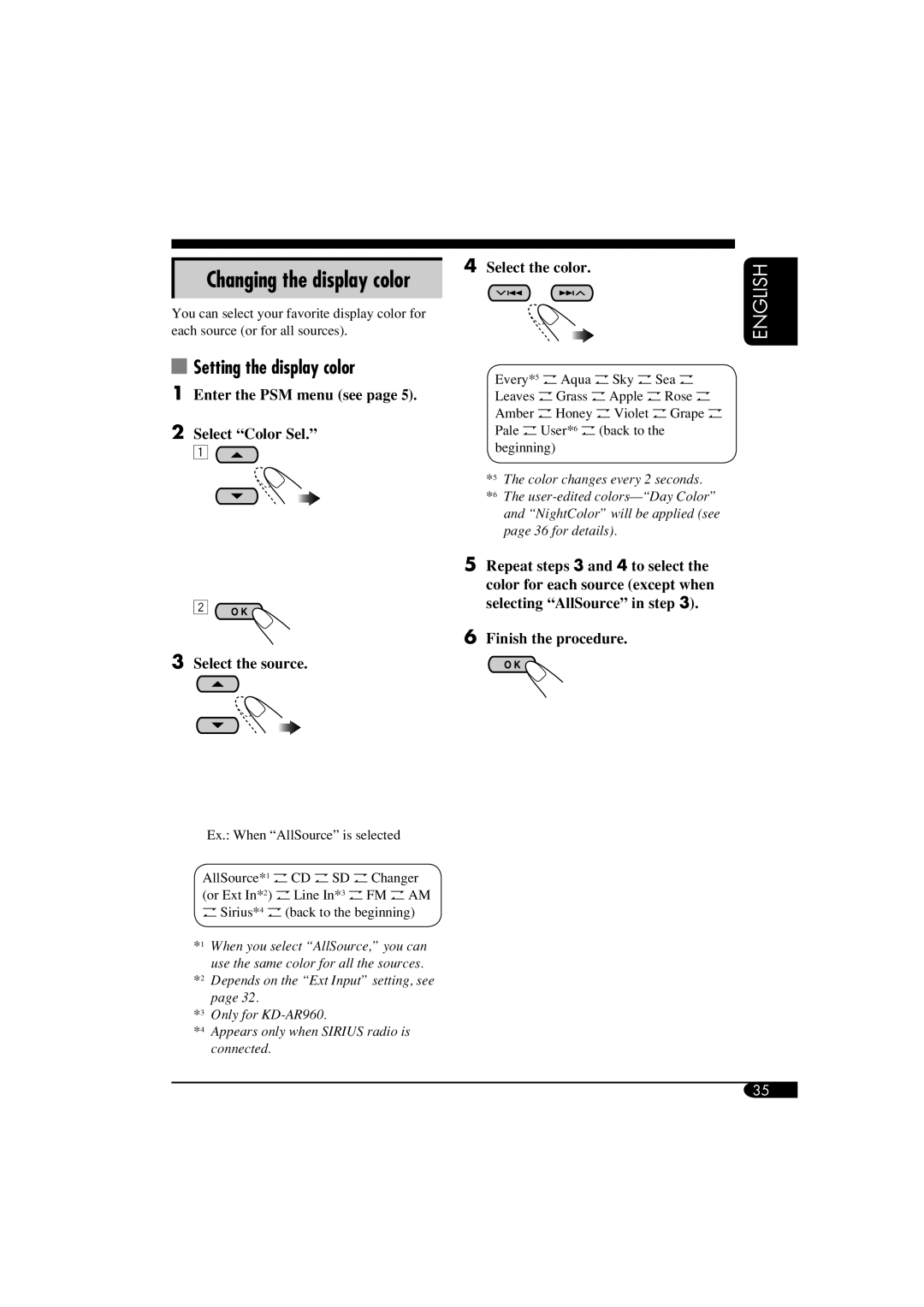 JVC KD-LH910 manual Setting the display color, Enter the PSM menu see Select Color Sel Select the source, Select the color 