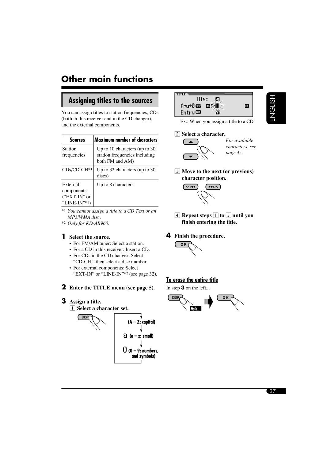 JVC KD-LH910, KD-AR960 manual Other main functions, Assigning titles to the sources, To erase the entire title, Sources 