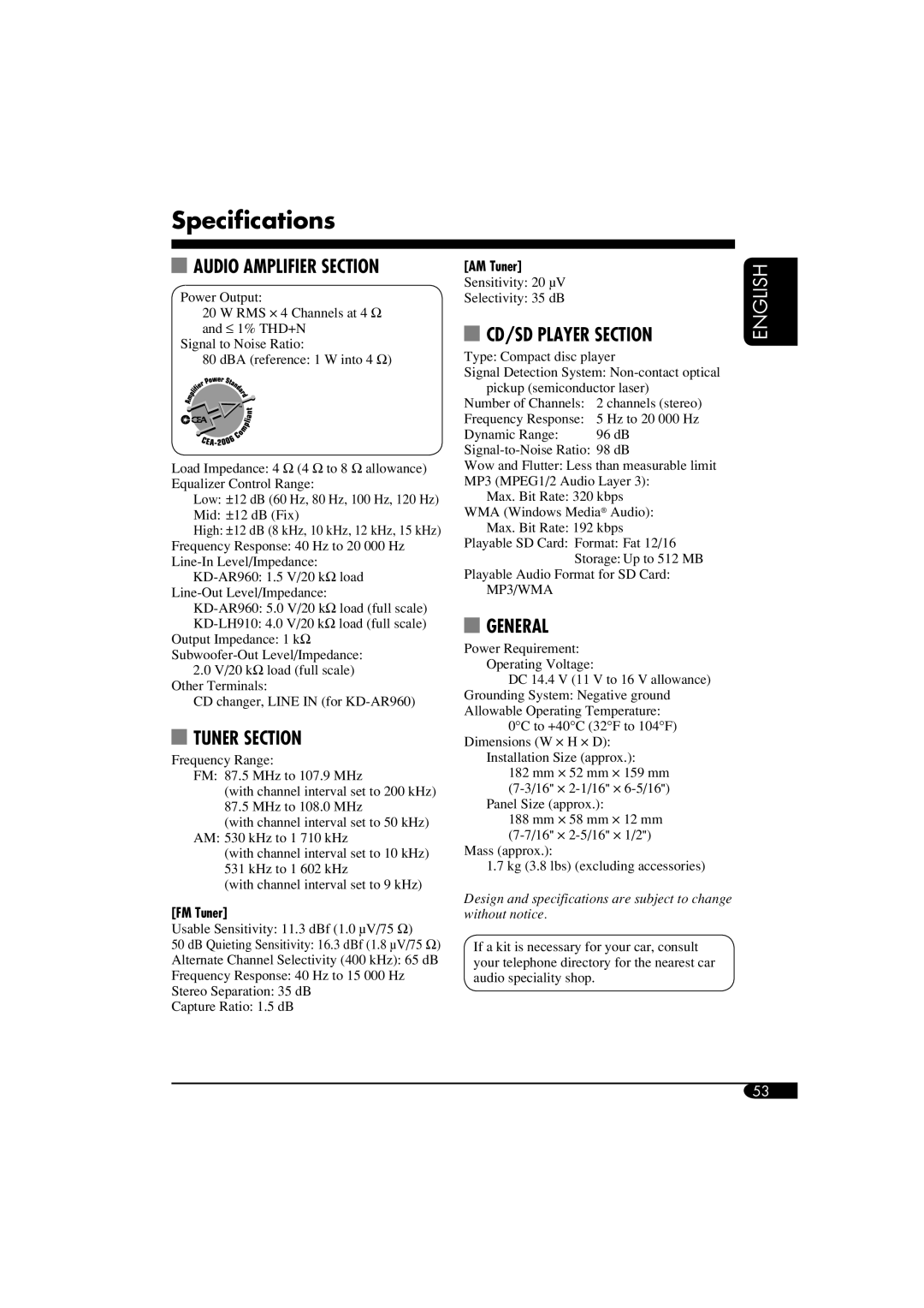 JVC KD-LH910, KD-AR960 manual Specifications, Audio Amplifier Section 