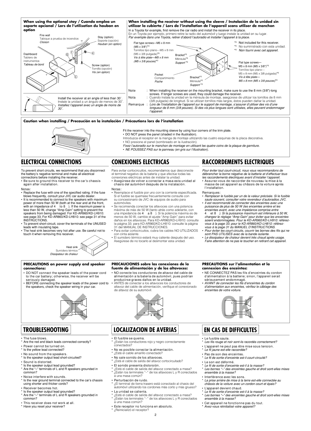 JVC KD-AR960, KD-LH910 manual Precautions on power supply and speaker connections 