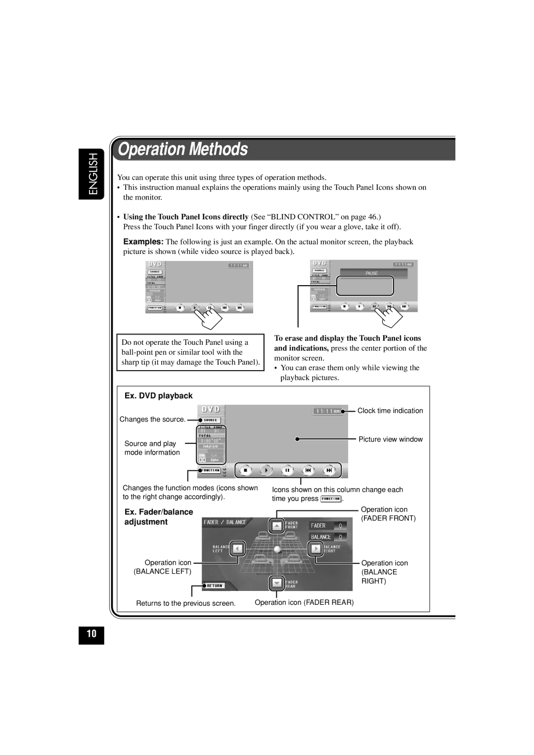 JVC KD-AV7010 manual Operation Methods, To erase and display the Touch Panel icons, Ex. DVD playback 