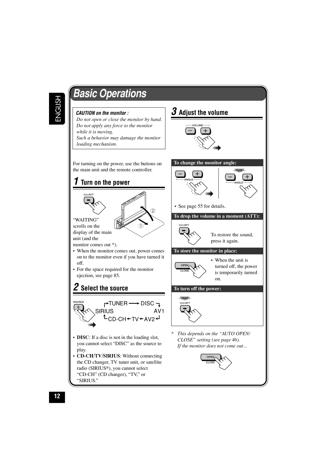 JVC KD-AV7010 manual Basic Operations, Adjust the volume, Turn on the power, Select the source 