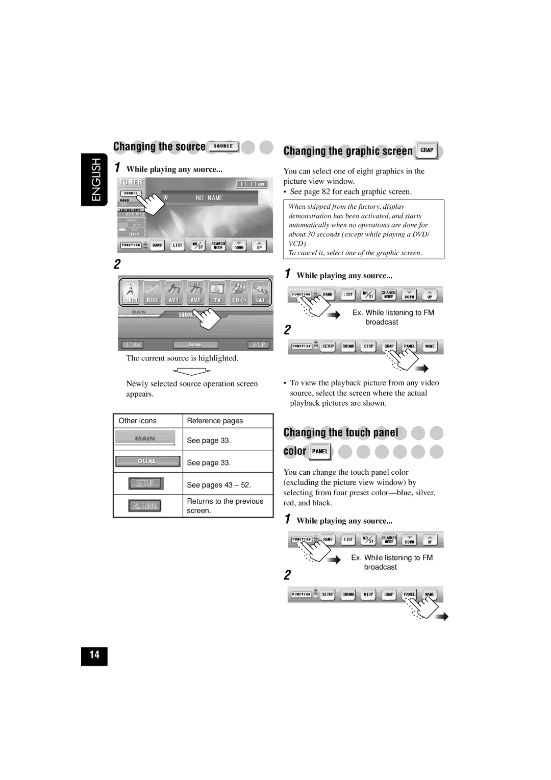 JVC KD-AV7010 manual Changing the source, Changing the graphic screen, Changing the touch panel color 