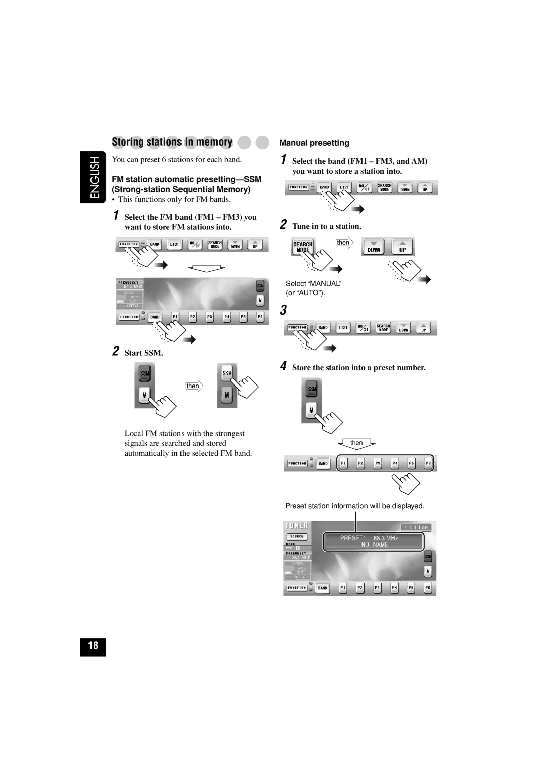 JVC KD-AV7010 manual Storing stations in memory, FM station automatic presetting-SSM, Strong-station Sequential Memory 