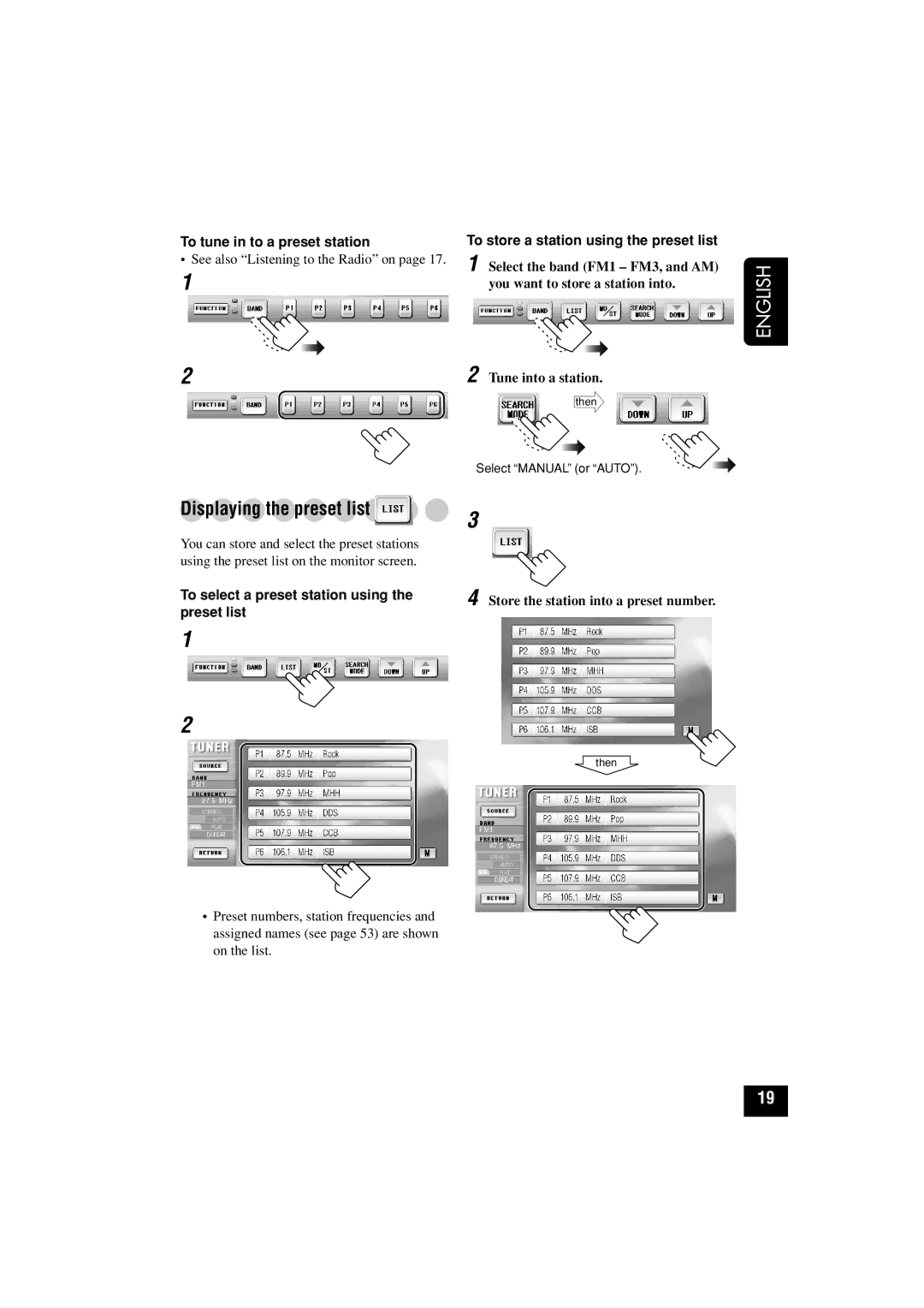 JVC KD-AV7010 manual To tune in to a preset station, To store a station using the preset list 