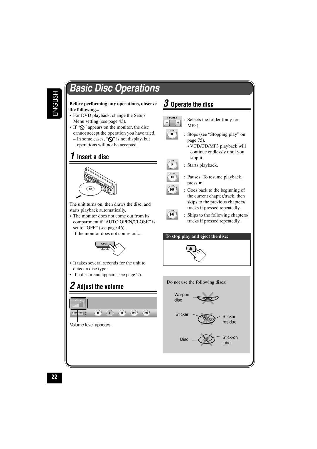 JVC KD-AV7010 manual Insert a disc, Operate the disc, Before performing any operations, observe Following 