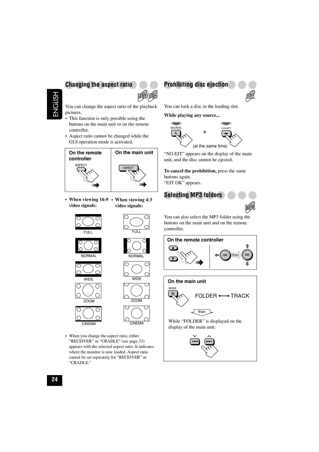 JVC KD-AV7010 manual Changing the aspect ratio, Prohibiting disc ejection, Selecting MP3 folders, On the remote controller 