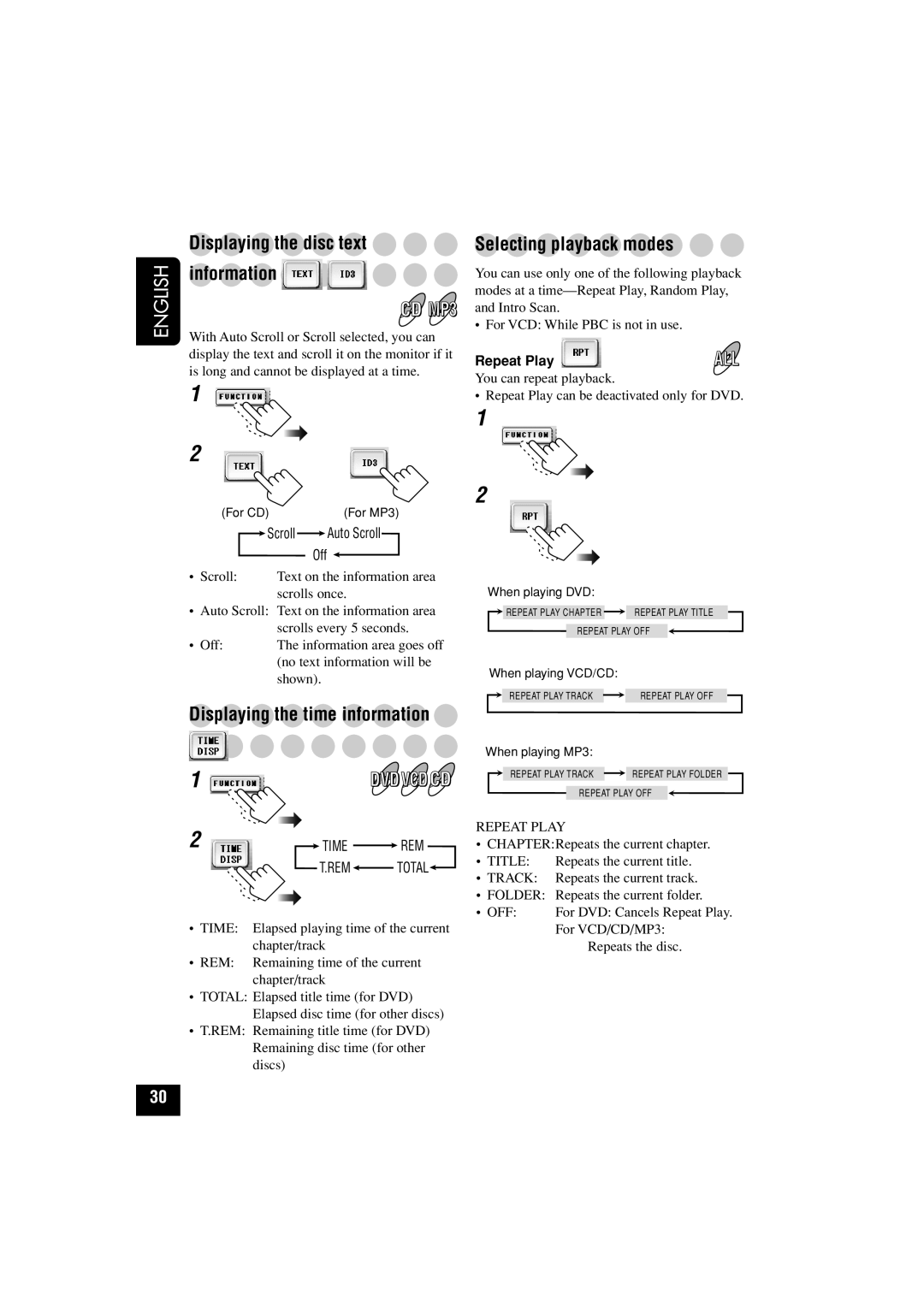 JVC KD-AV7010 manual Displaying the disc text, Selecting playback modes, Repeat Play 