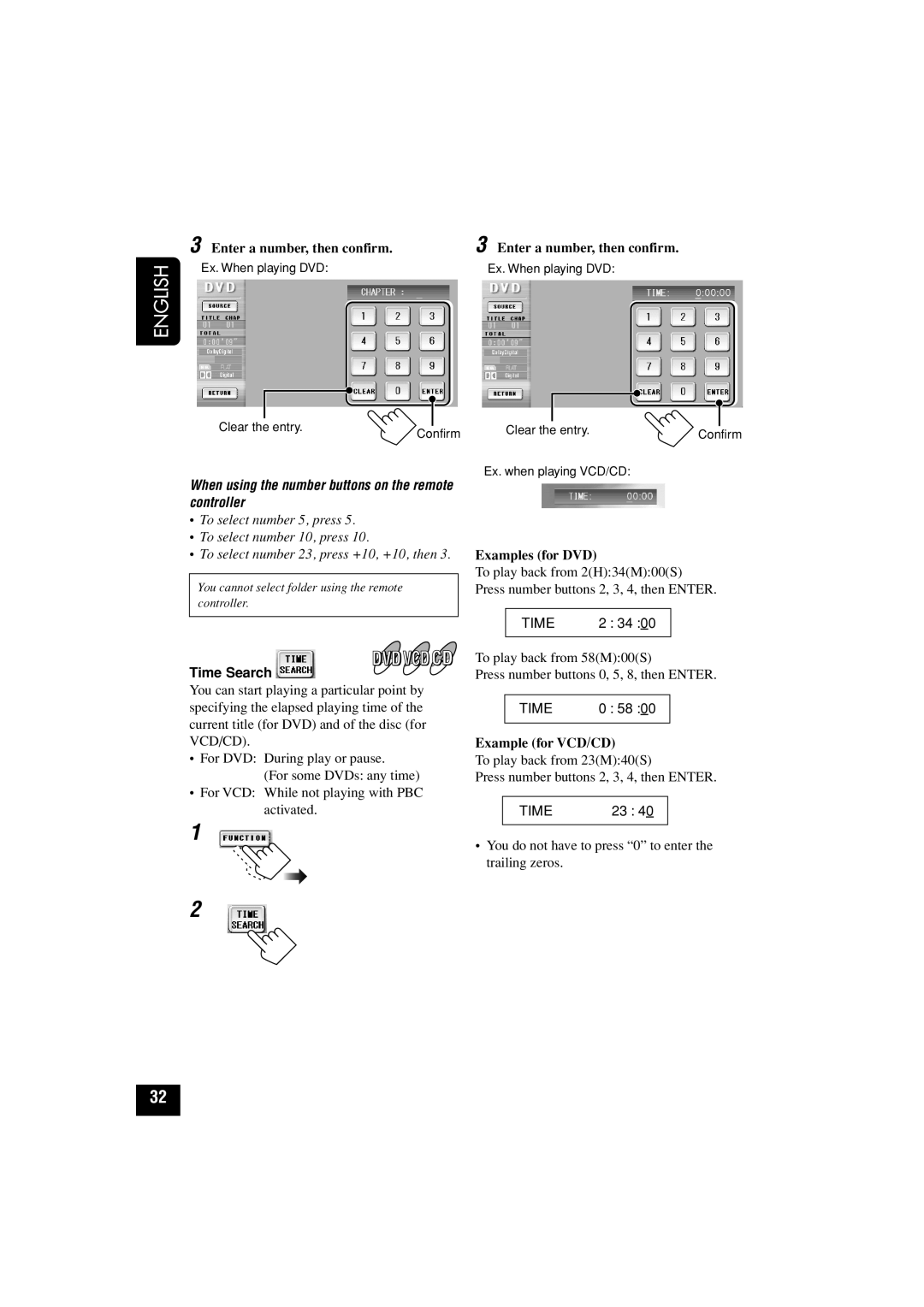 JVC KD-AV7010 manual Enter a number, then confirm, Examples for DVD, Time Search, Example for VCD/CD 