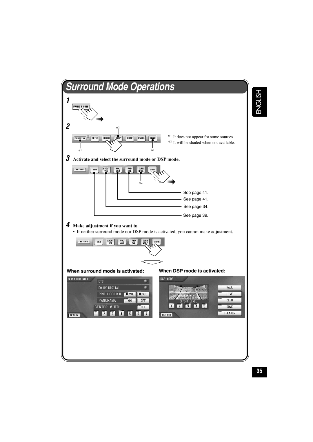 JVC KD-AV7010 Surround Mode Operations, Activate and select the surround mode or DSP mode, Make adjustment if you want to 