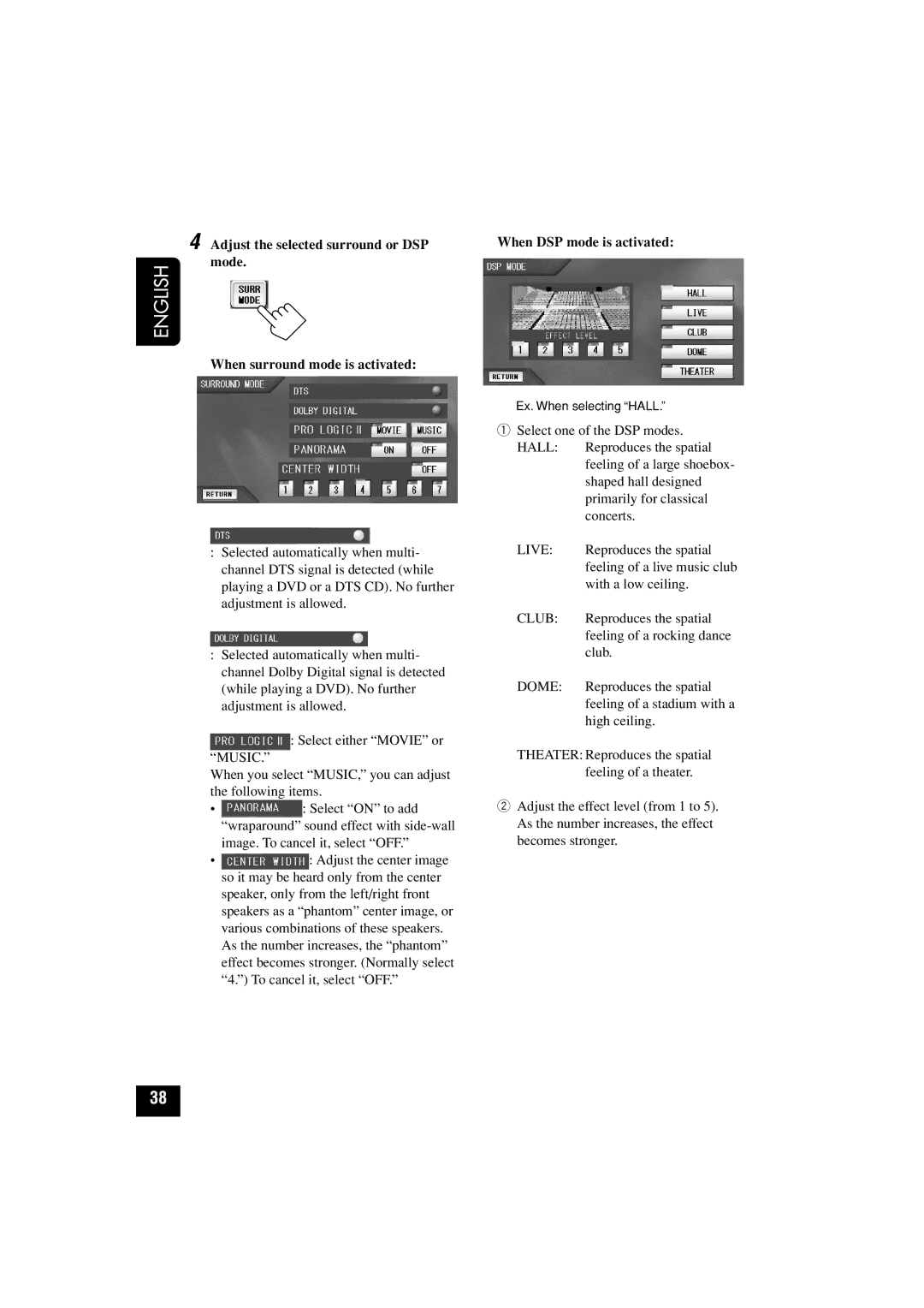 JVC KD-AV7010 manual When DSP mode is activated, Hall 