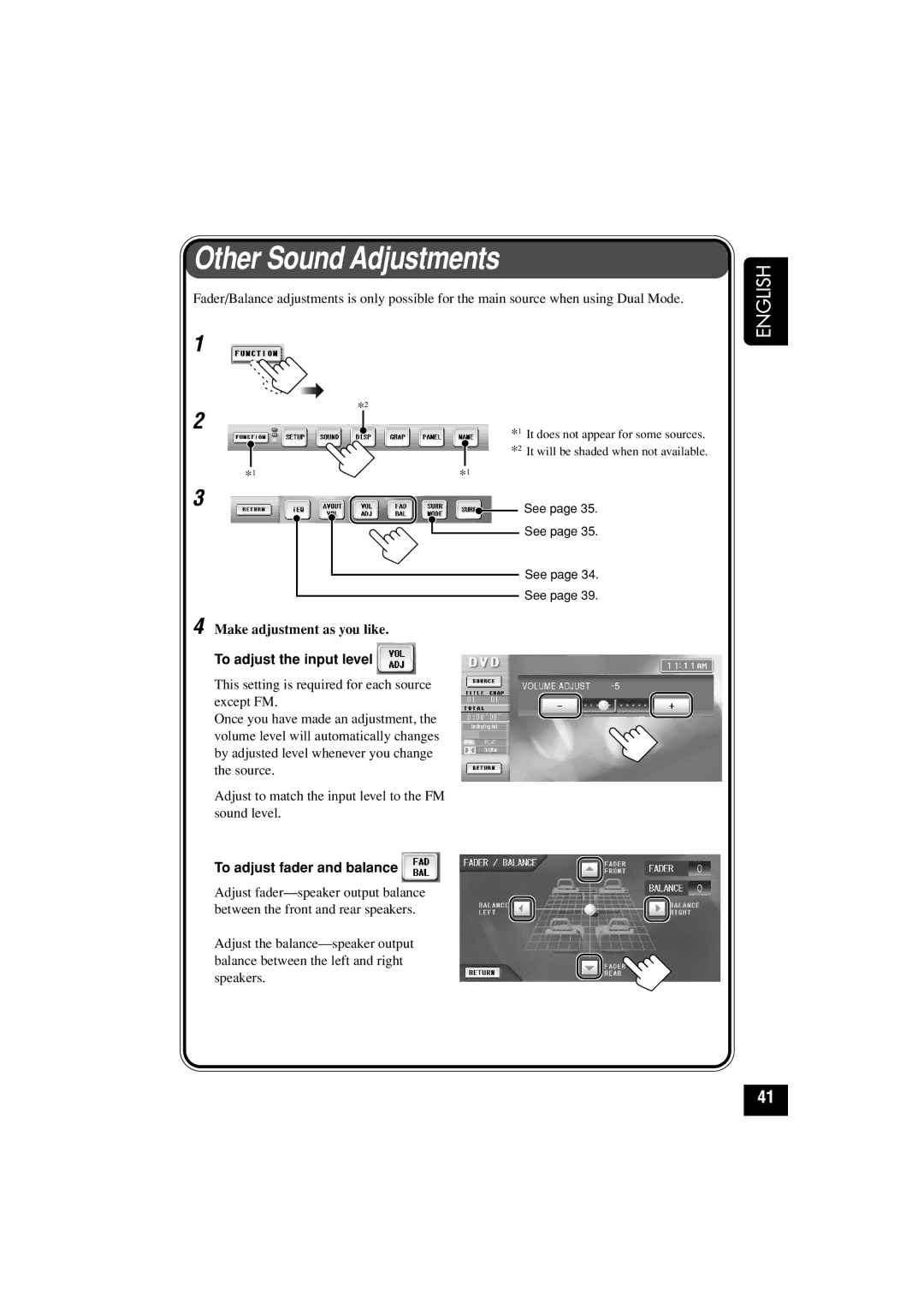 JVC KD-AV7010 Other Sound Adjustments, Make adjustment as you like, To adjust the input level, To adjust fader and balance 