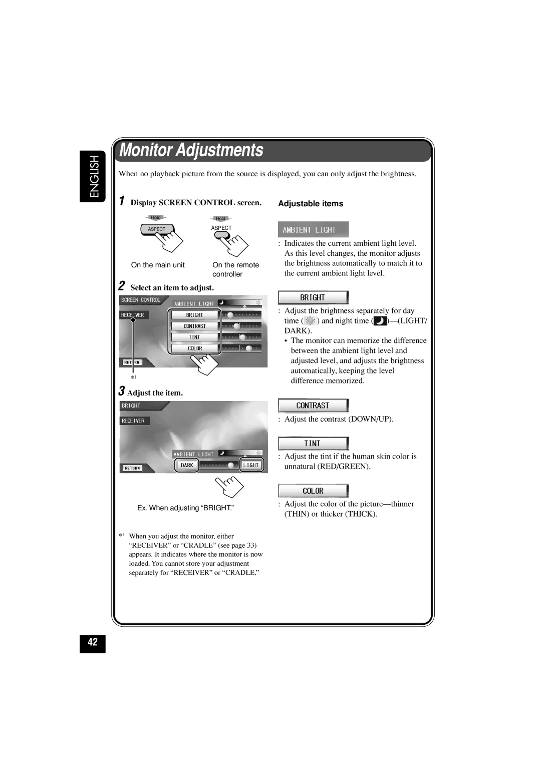 JVC KD-AV7010 manual Monitor Adjustments, Display Screen Control screen, Select an item to adjust, Adjustable items 