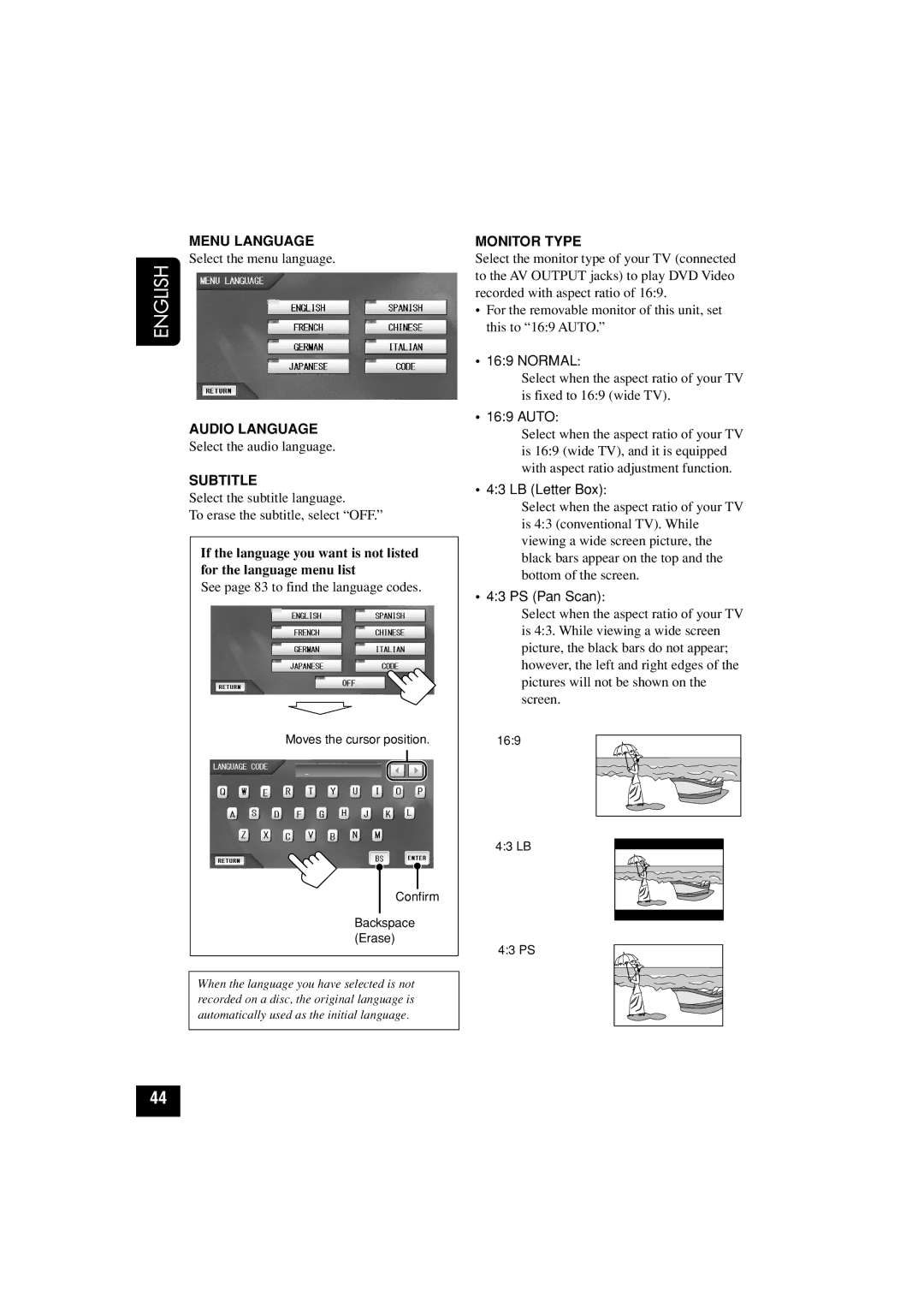 JVC KD-AV7010 manual Menu Language, Audio Language, Subtitle, Monitor Type 