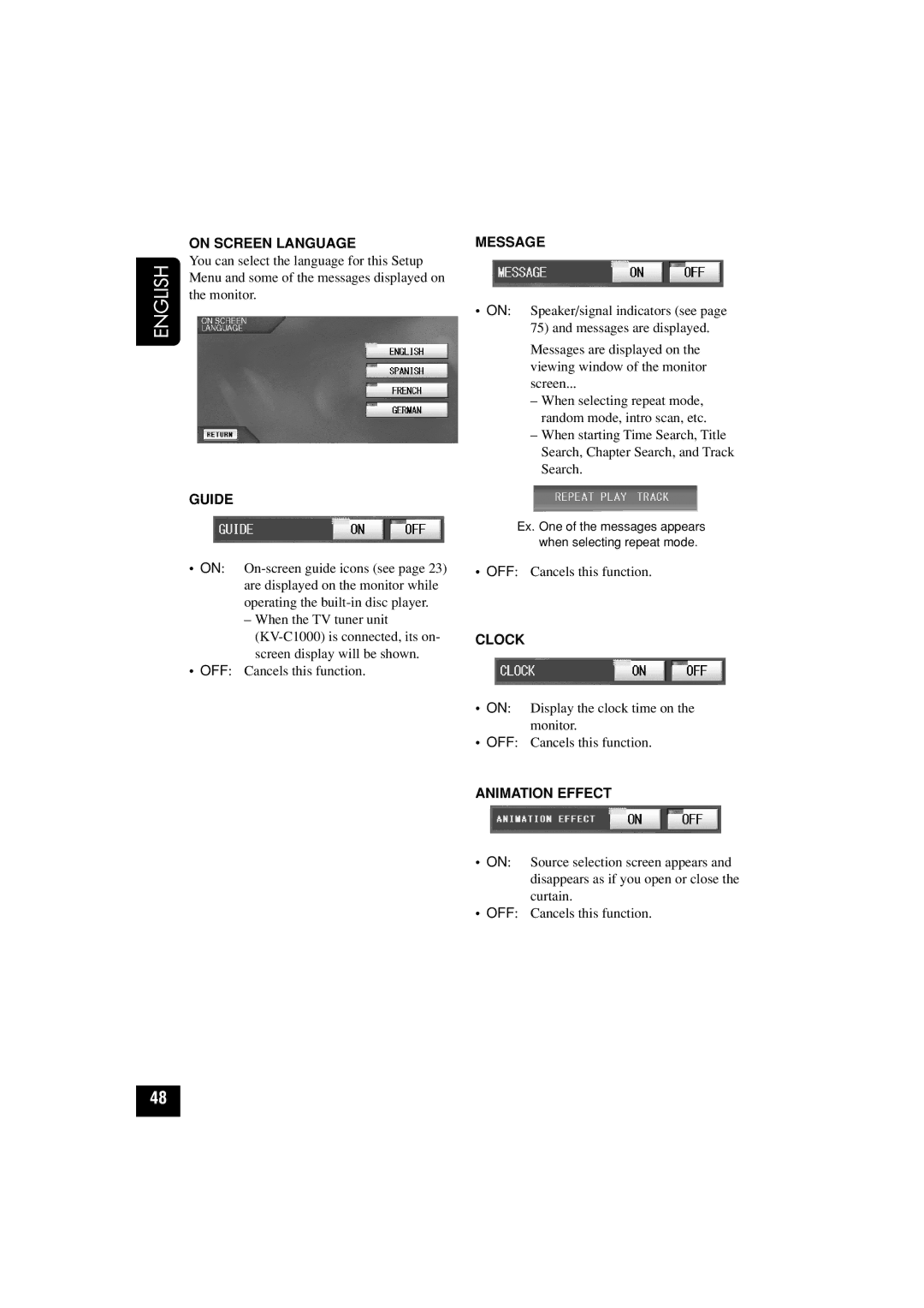 JVC KD-AV7010 manual On Screen Language, Guide, Message, Clock, Animation Effect 