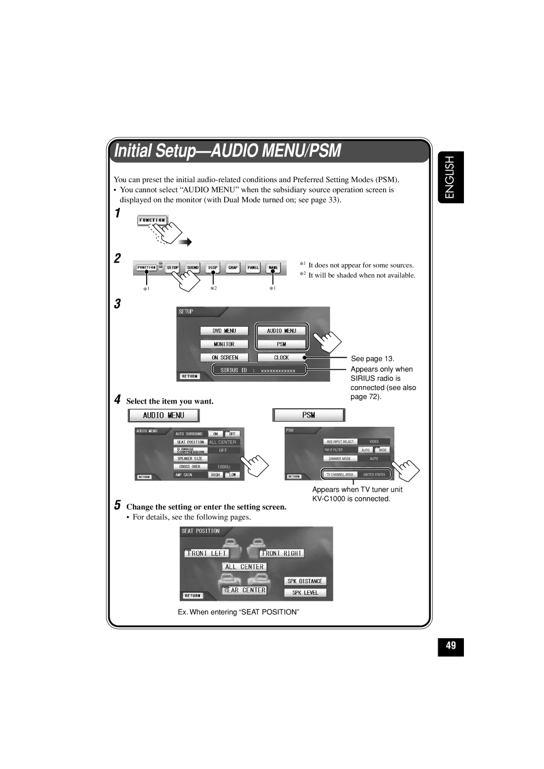 JVC KD-AV7010 manual Initial Setup-AUDIO MENU/PSM, Change the setting or enter the setting screen 