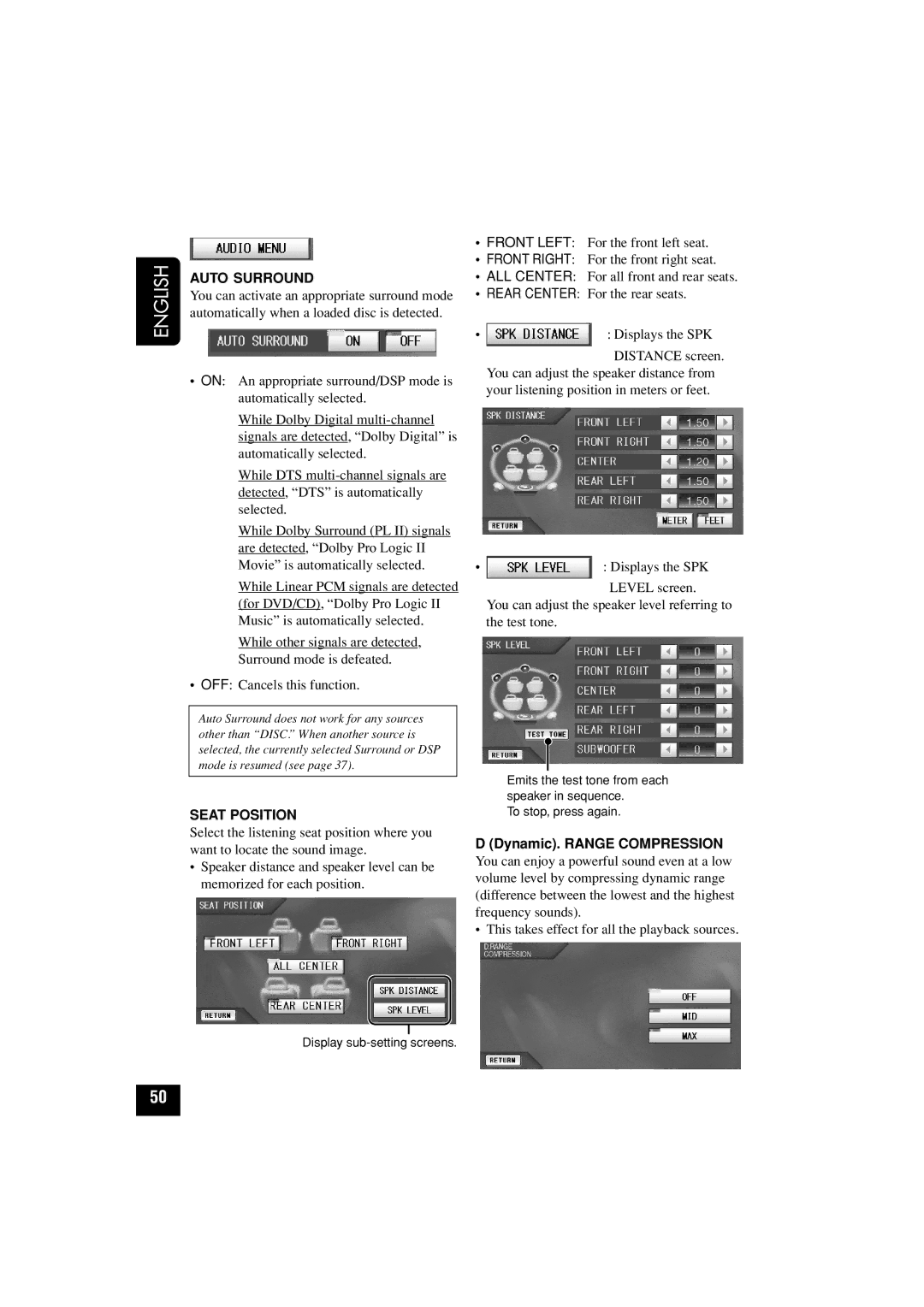 JVC KD-AV7010 manual Auto Surround, Seat Position, Dynamic. Range Compression 