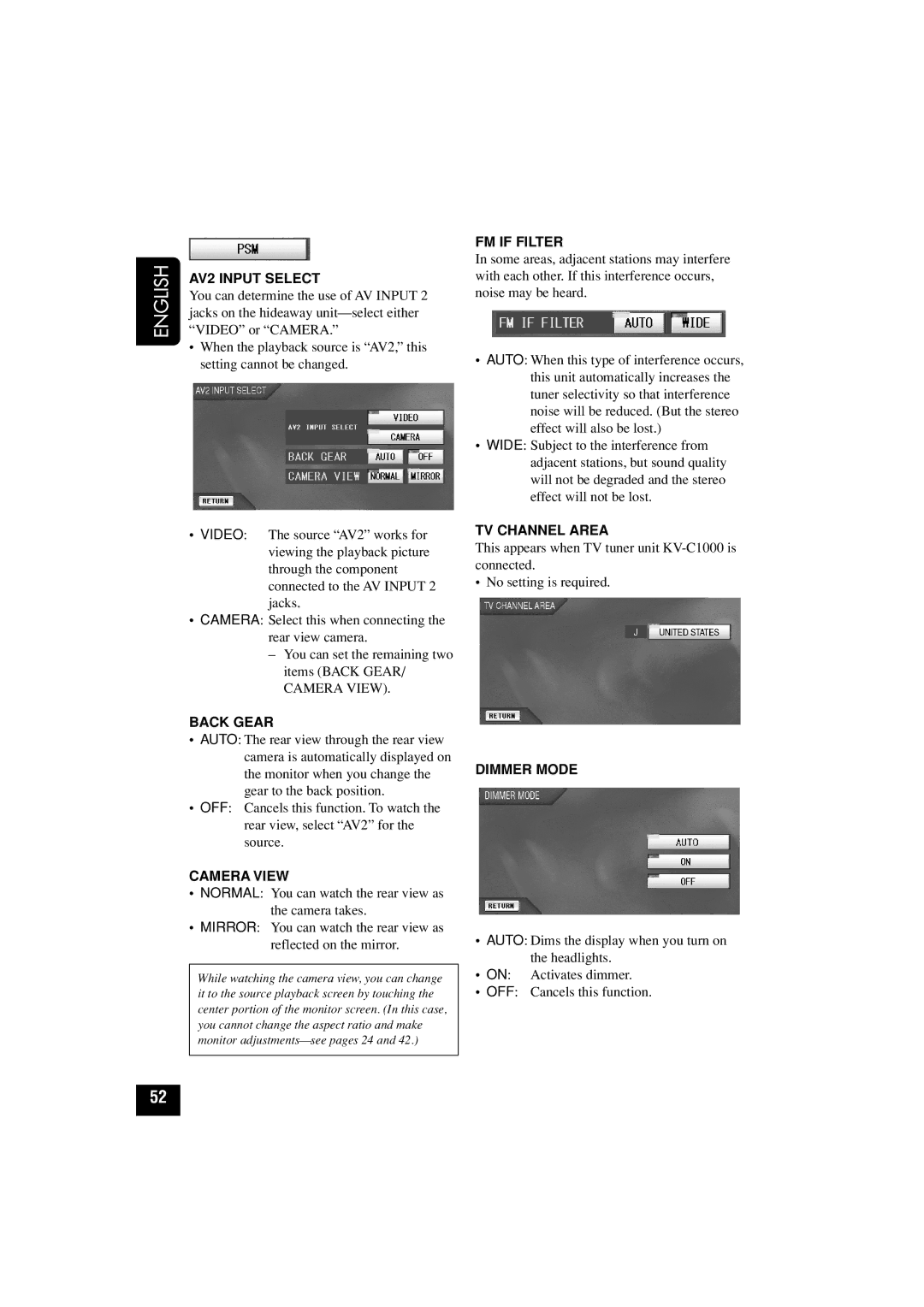 JVC KD-AV7010 manual AV2 Input Select, FM if Filter, Back Gear, Camera View, TV Channel Area, Dimmer Mode 