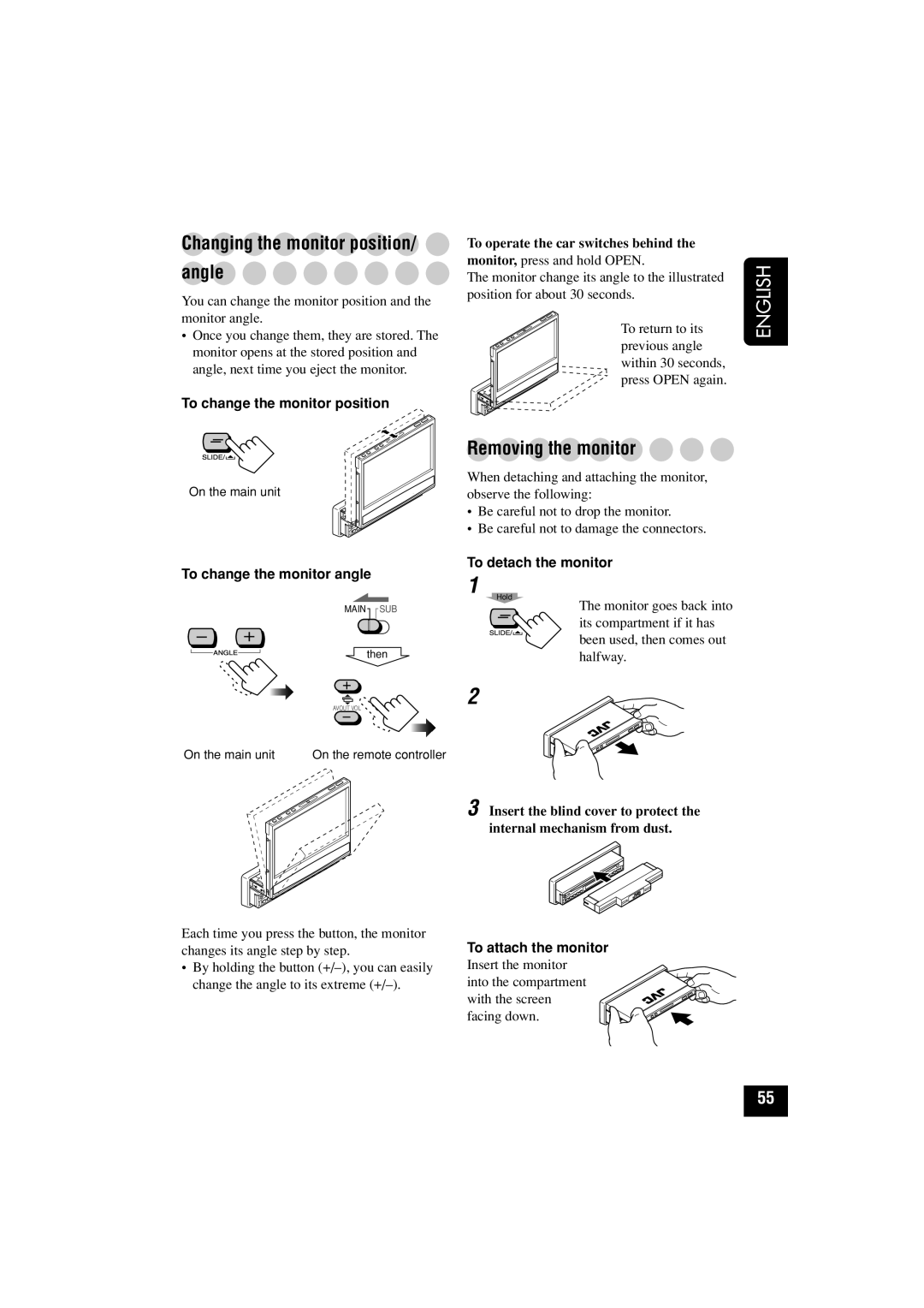 JVC KD-AV7010 manual Changing the monitor position Angle, Removing the monitor 