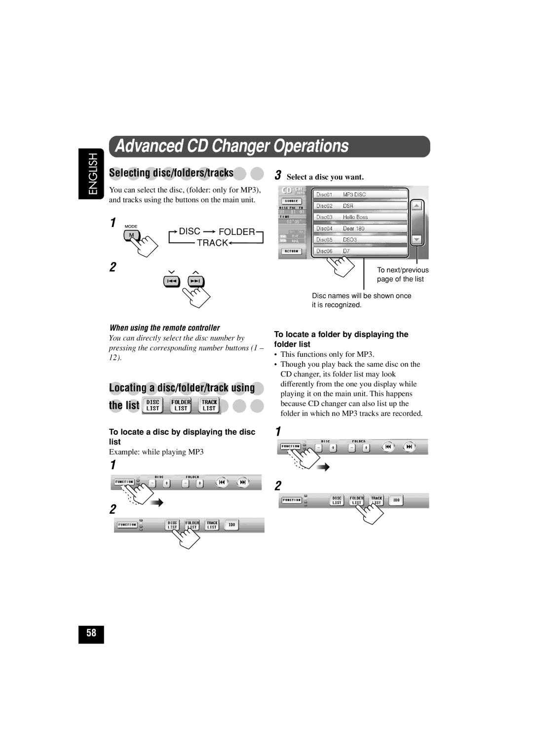 JVC KD-AV7010 Advanced CD Changer Operations, Selecting disc/folders/tracks, Locating a disc/folder/track using the list 