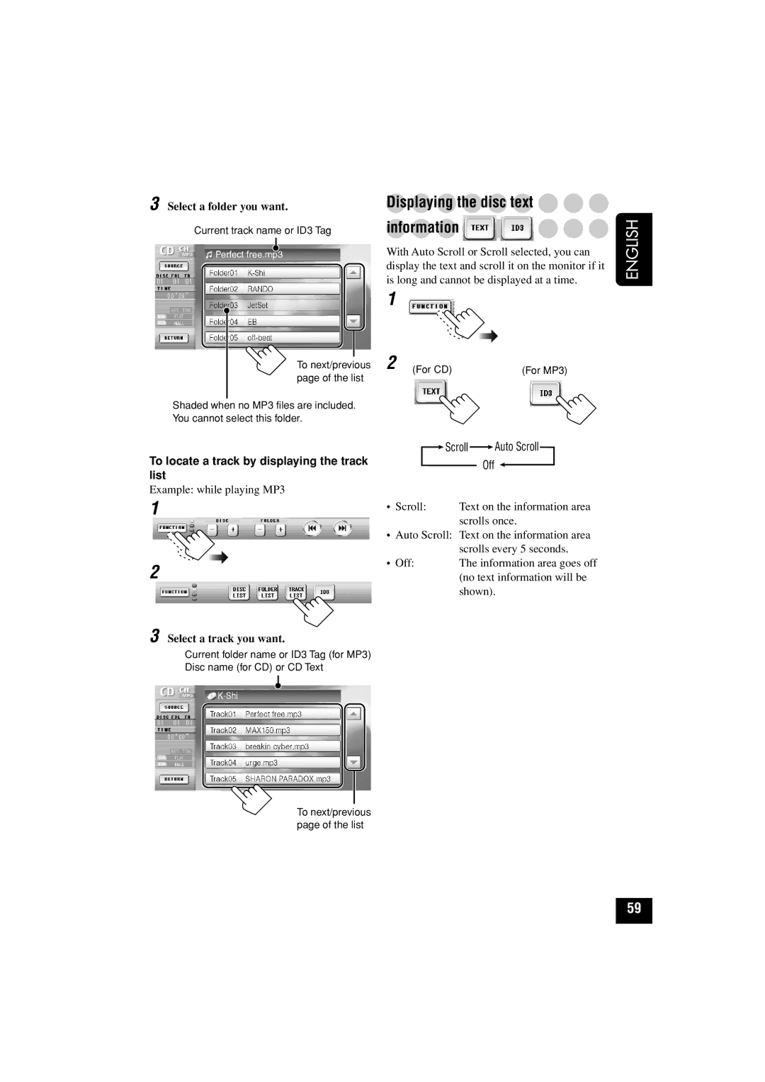 JVC KD-AV7010 manual Displaying the disc text information, To locate a track by displaying the track list 