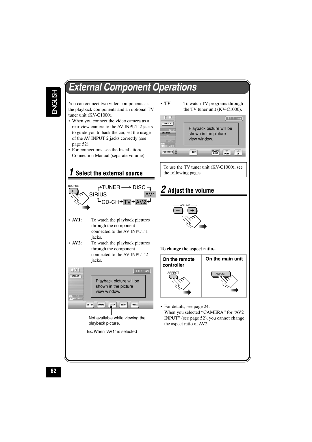 JVC KD-AV7010 manual External Component Operations, Select the external source, To change the aspect ratio 